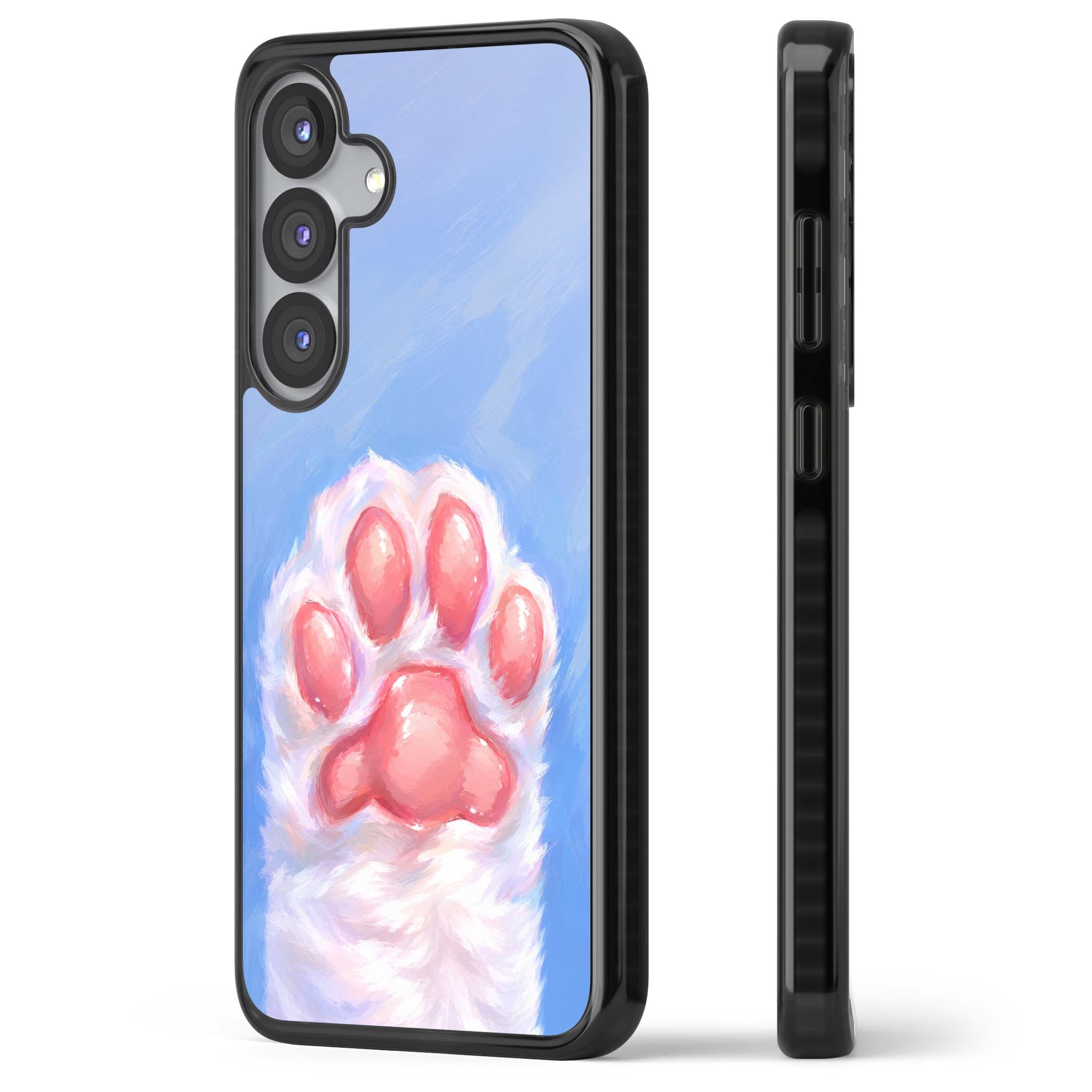 Soft White Paw cute iPhone case | Black Impact case for Samsung Galaxy S25, Samsung Galaxy S25 Plus