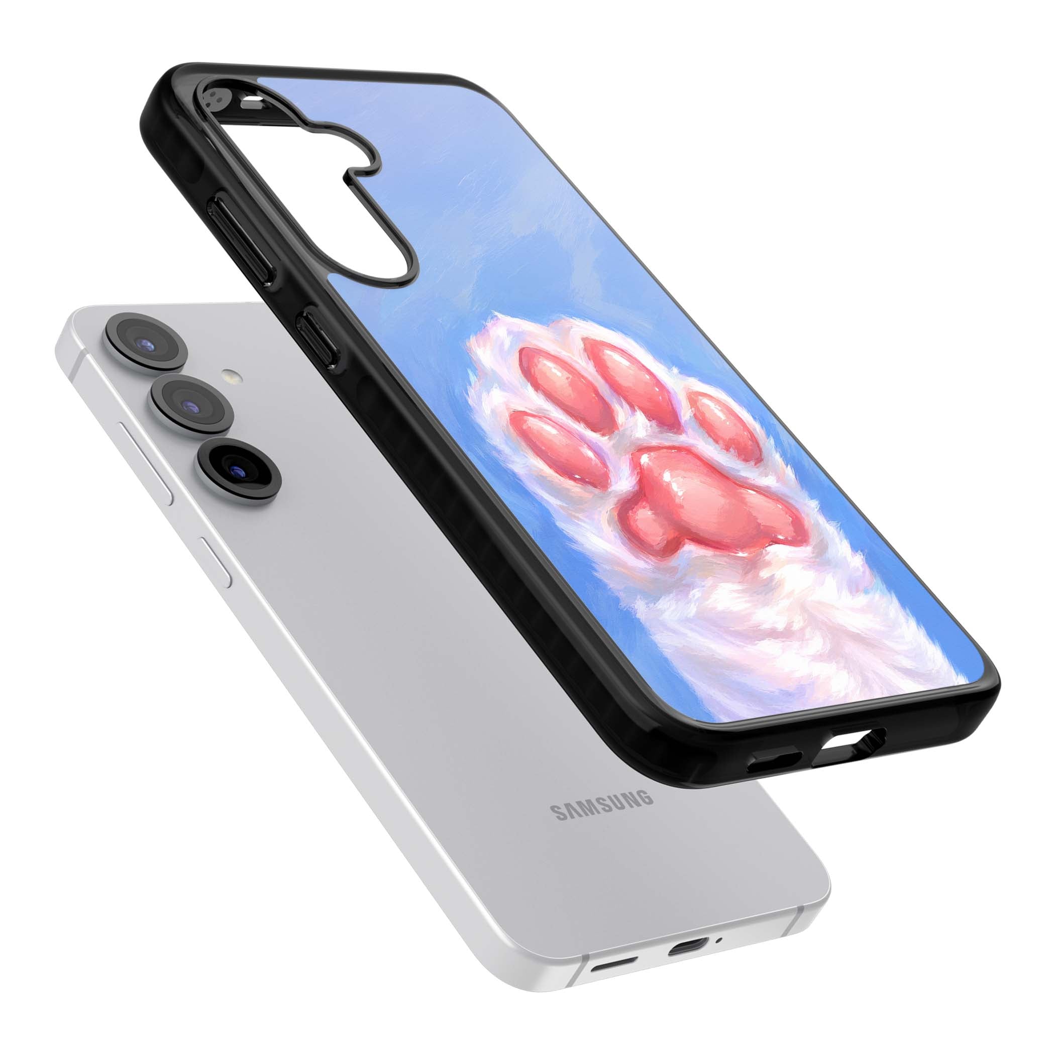 Soft White Paw cute iPhone case | Black Impact case for Samsung Galaxy S25, Samsung Galaxy S25 Plus