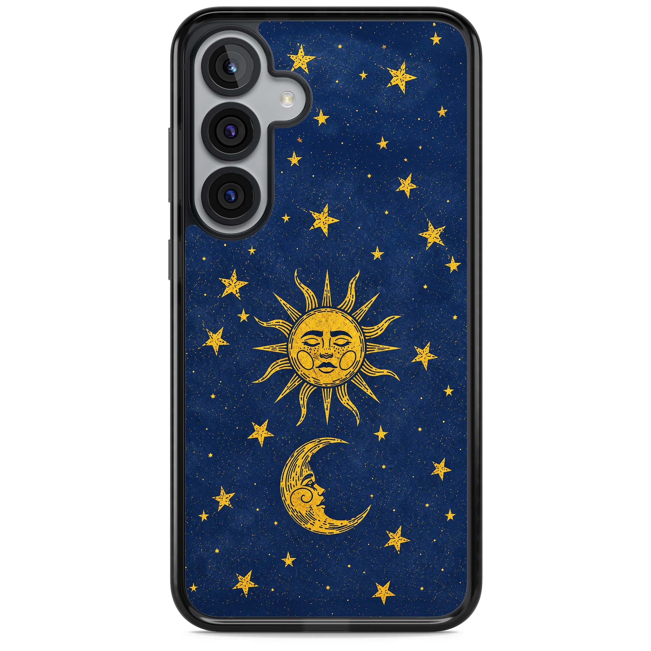 Sun & Moon Reverie celestial iPhone case featuring a vintage golden sun, crescent moon and scattered stars on midnight blue | Black Impact case for Samsung Galaxy S25, Samsung Galaxy S25 Plus