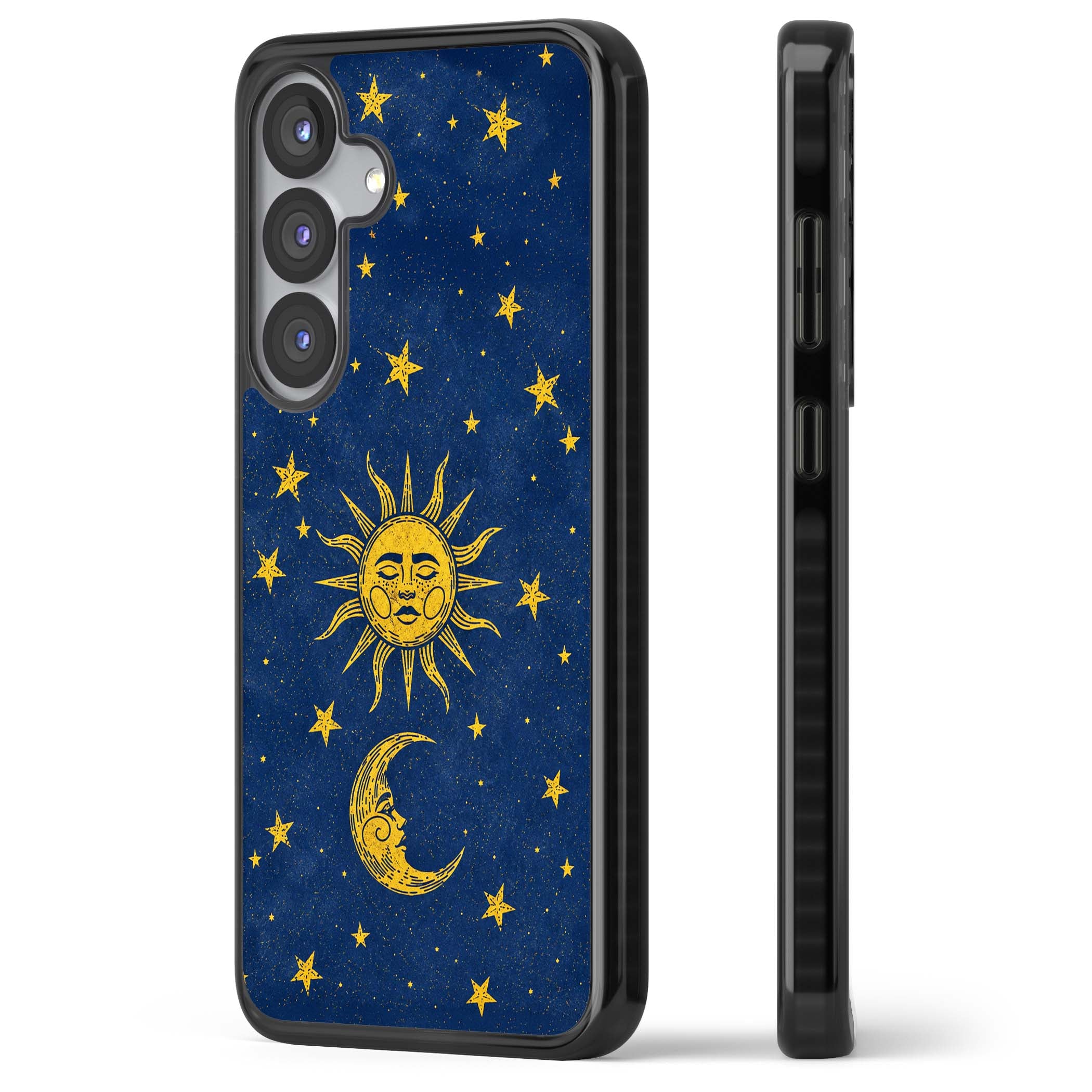 Sun & Moon Reverie celestial iPhone case featuring a vintage golden sun, crescent moon and scattered stars on midnight blue | Black Impact case for Samsung Galaxy S25, Samsung Galaxy S25 Plus