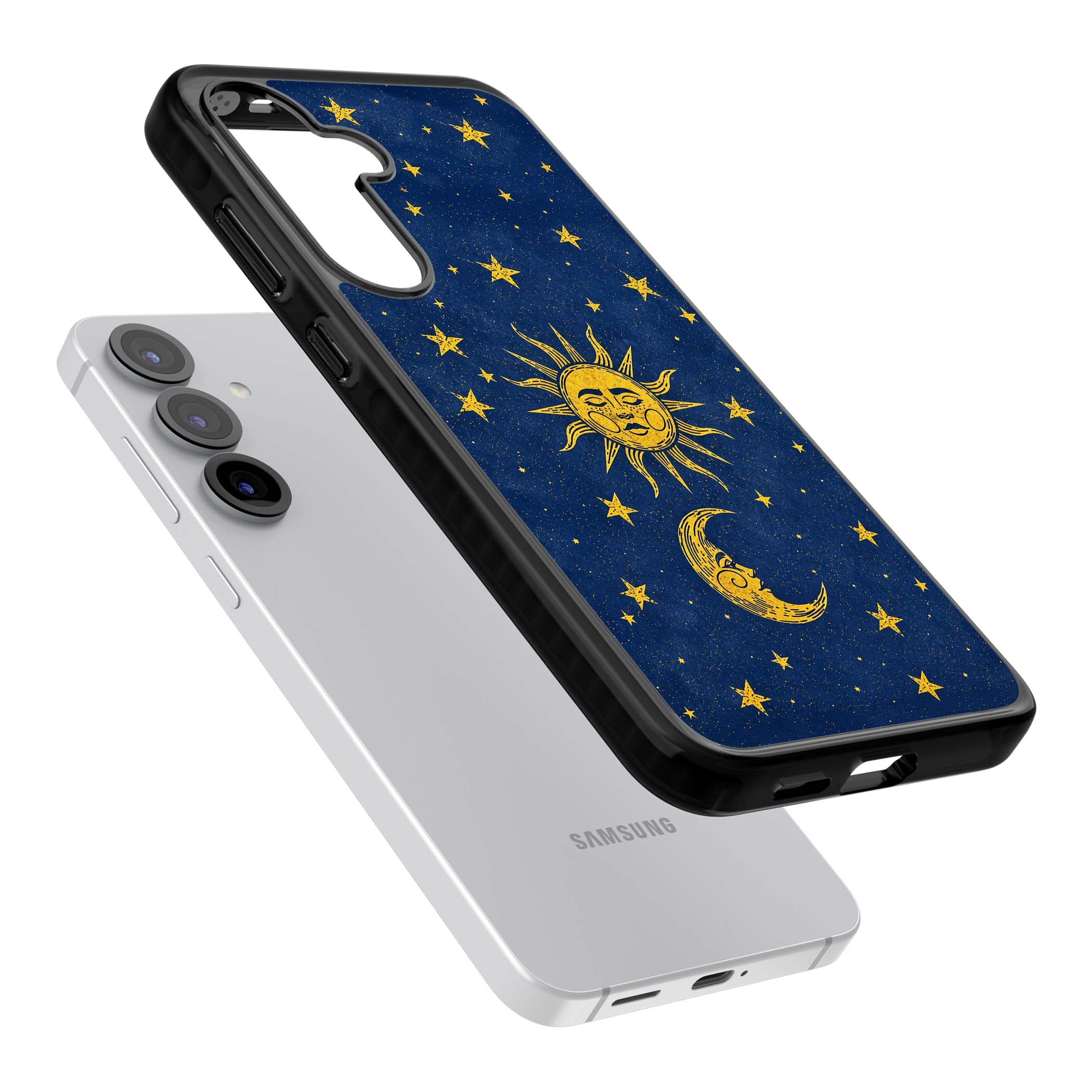Sun & Moon Reverie celestial iPhone case featuring a vintage golden sun, crescent moon and scattered stars on midnight blue | Black Impact case for Samsung Galaxy S25, Samsung Galaxy S25 Plus