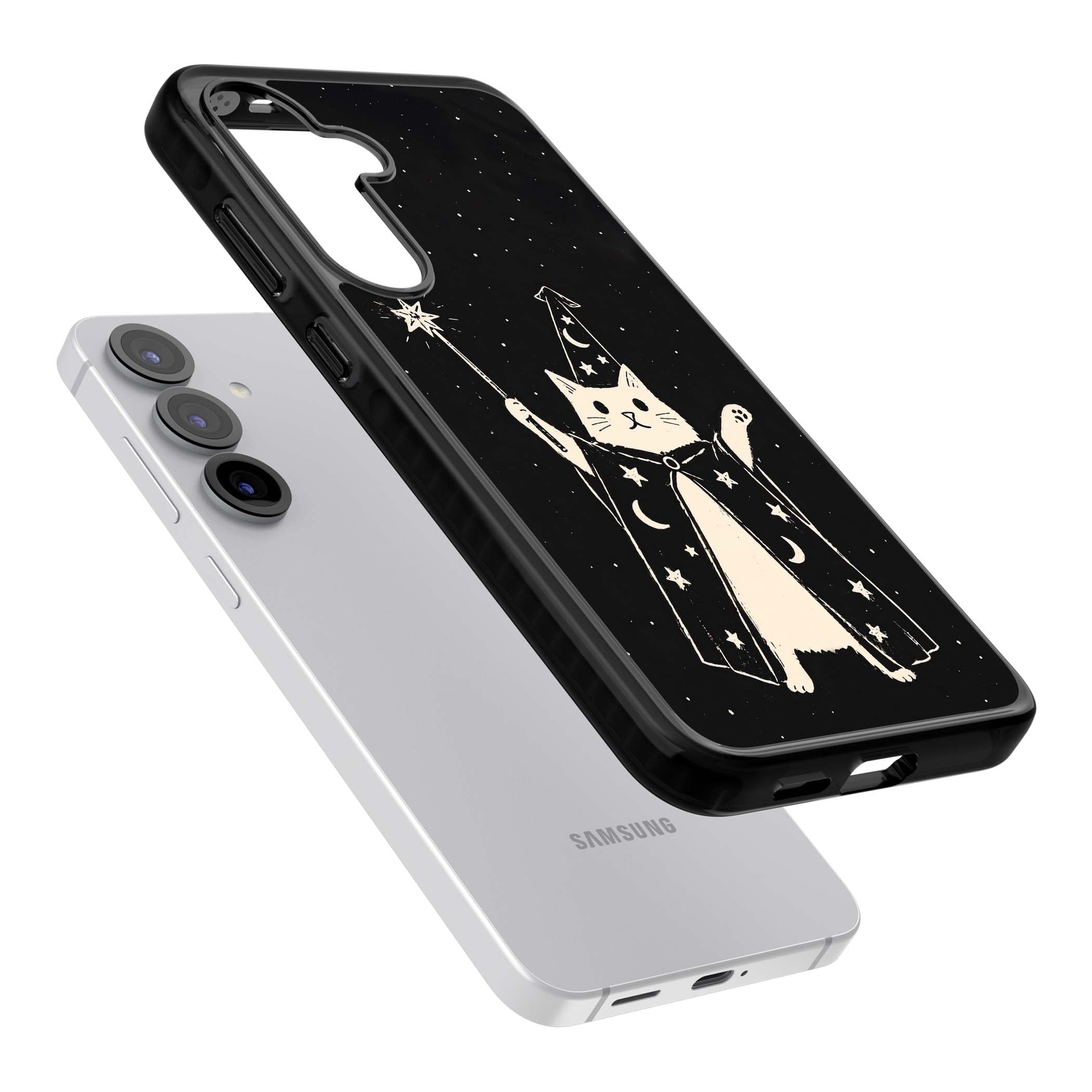 Whisker Wizard celestial cat iPhone case featuring a wizard cat with magic wand, starry night sky and crescent moons | Black Impact case for Samsung Galaxy S25, Samsung Galaxy S25 Plus