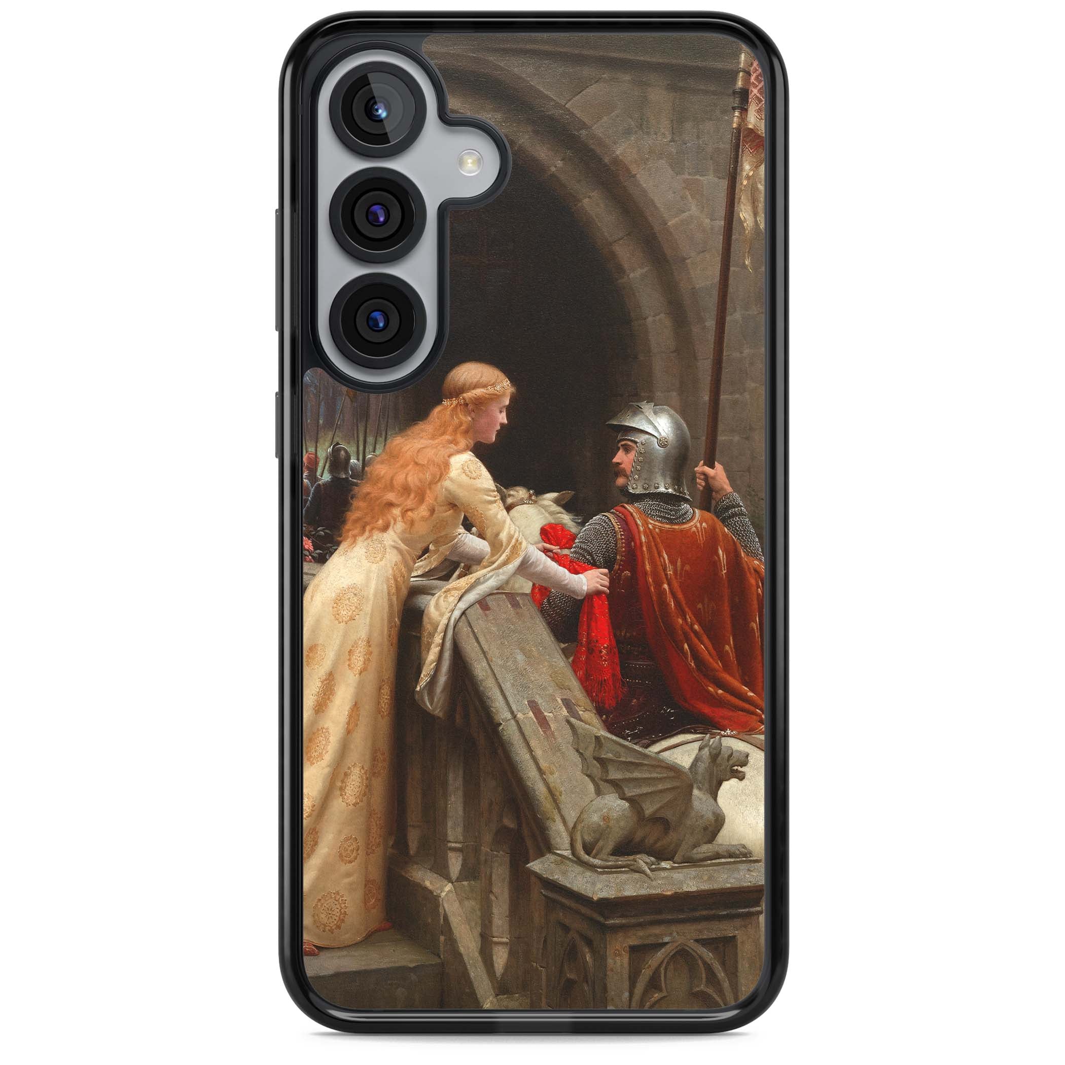 God Speed fine art iPhone case featuring Edmund Blair Leighton's medieval knight and lady beneath a stone archway | Black Impact case for Samsung Galaxy S25, Samsung Galaxy S25 Plus