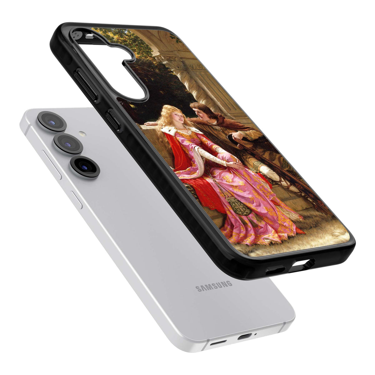 The End of the Song classic art iPhone case featuring a medieval lady in pink gown and her knight in a stone archway | Black Impact case for Samsung Galaxy S25, Samsung Galaxy S25 Plus