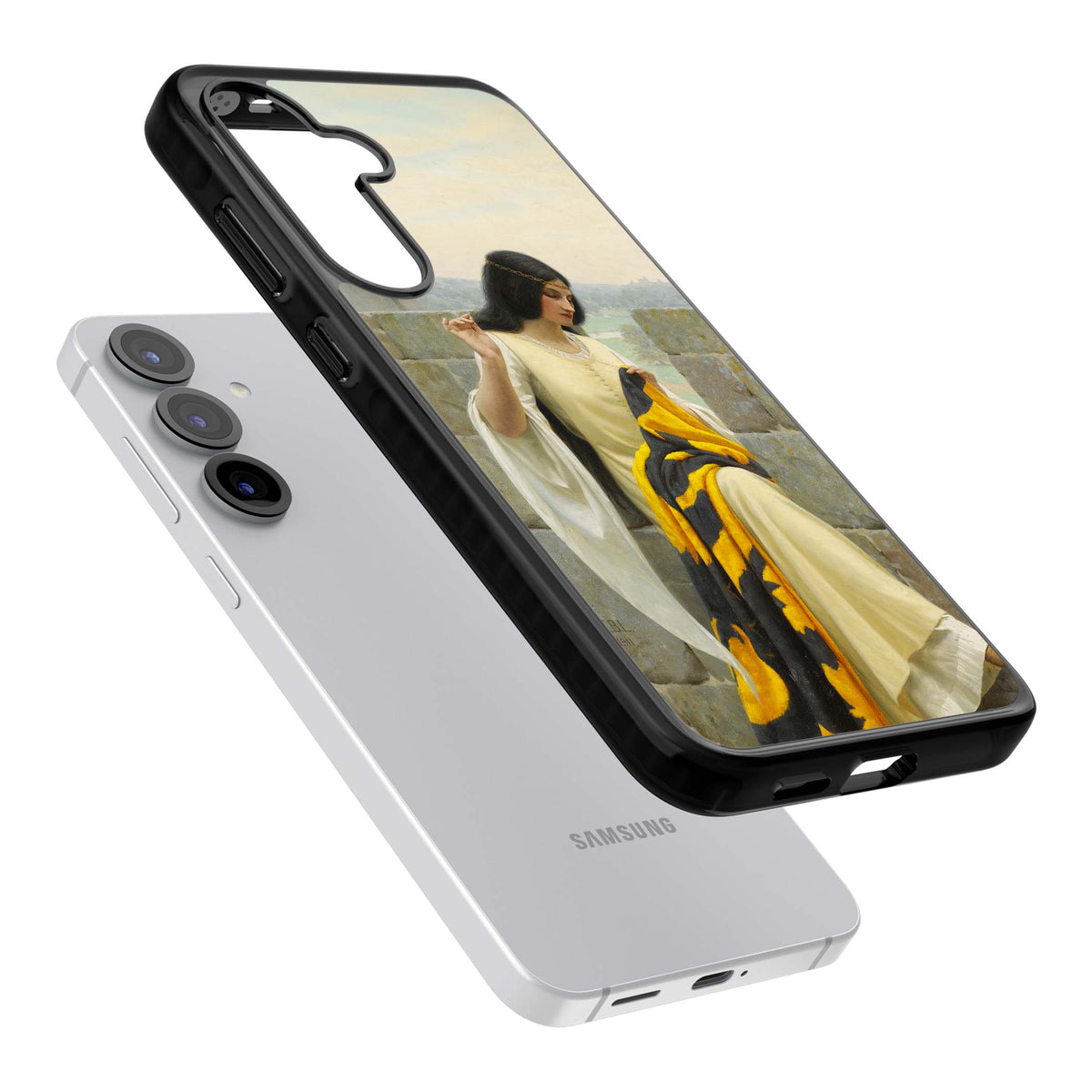 Stitching the Standard renaissance art iPhone case featuring a medieval lady sewing a golden banner on a castle wall | Black Impact case for Samsung Galaxy S25, Samsung Galaxy S25 Plus