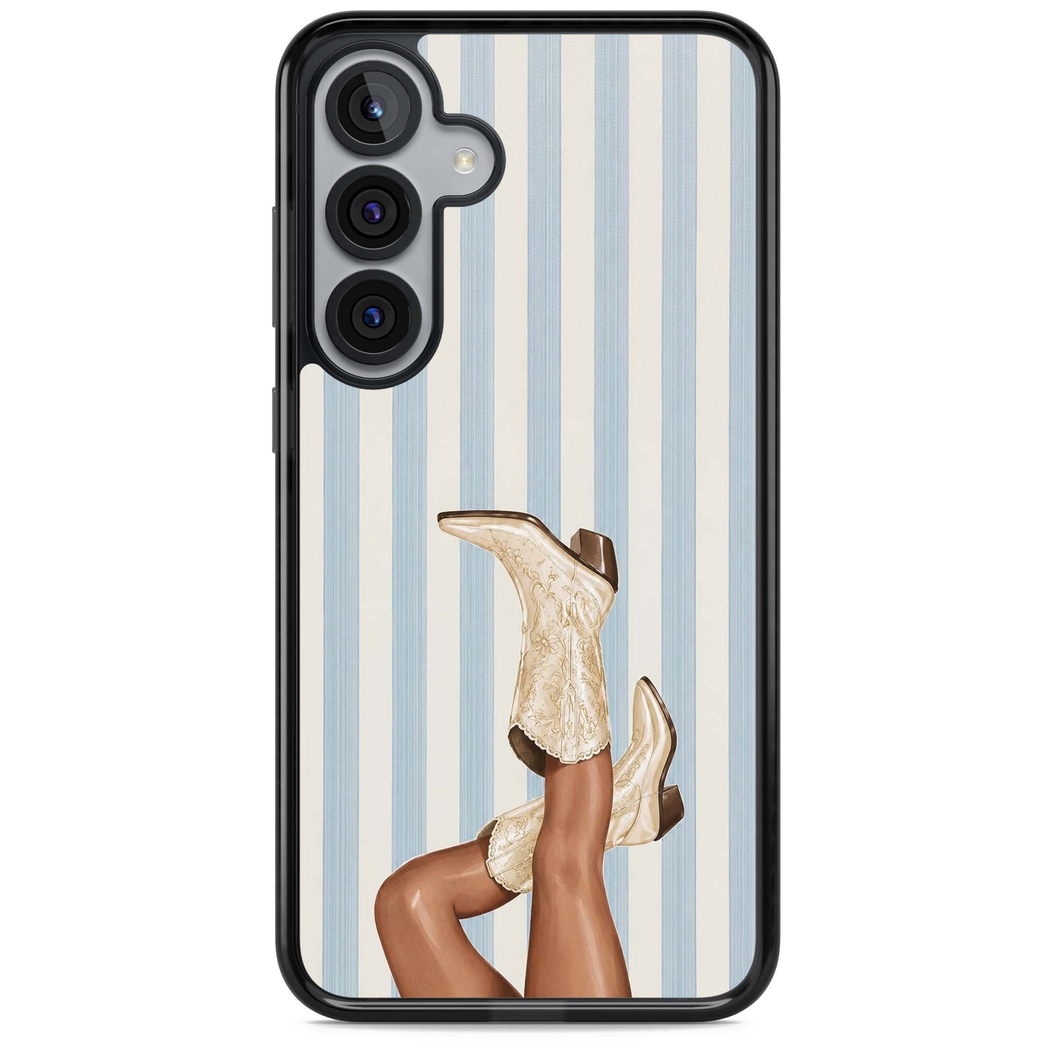 Cowgirl Boots coastal cowgirl iPhone case featuring embroidered western boots, tanned legs and a blue stripe backdrop | Black Impact case for Samsung Galaxy S25, Samsung Galaxy S25 Plus