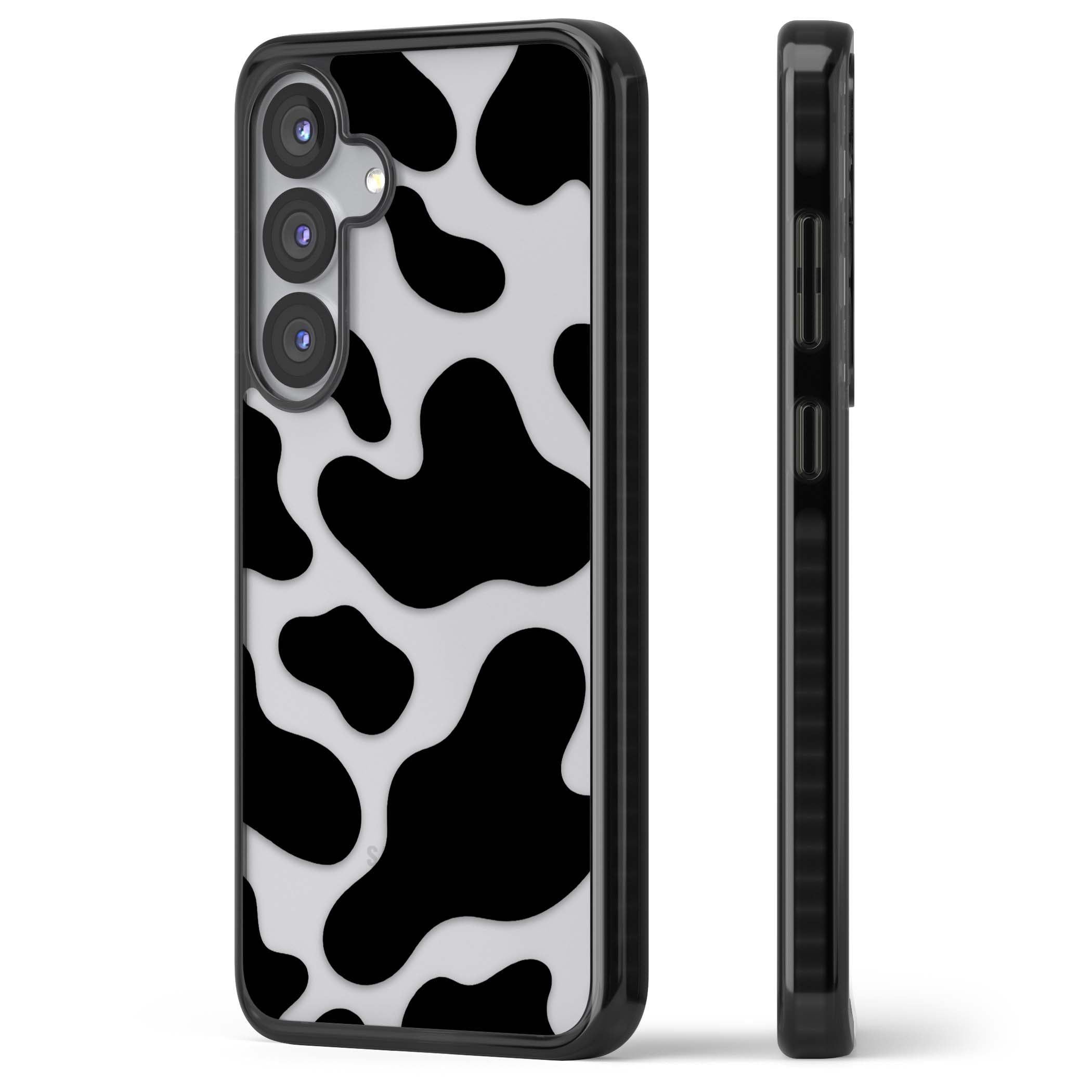 Clear Cow Print cow print iPhone case featuring black and white cow pattern splotches on a clear background | Black Impact case for Samsung Galaxy S25, Samsung Galaxy S25 Plus