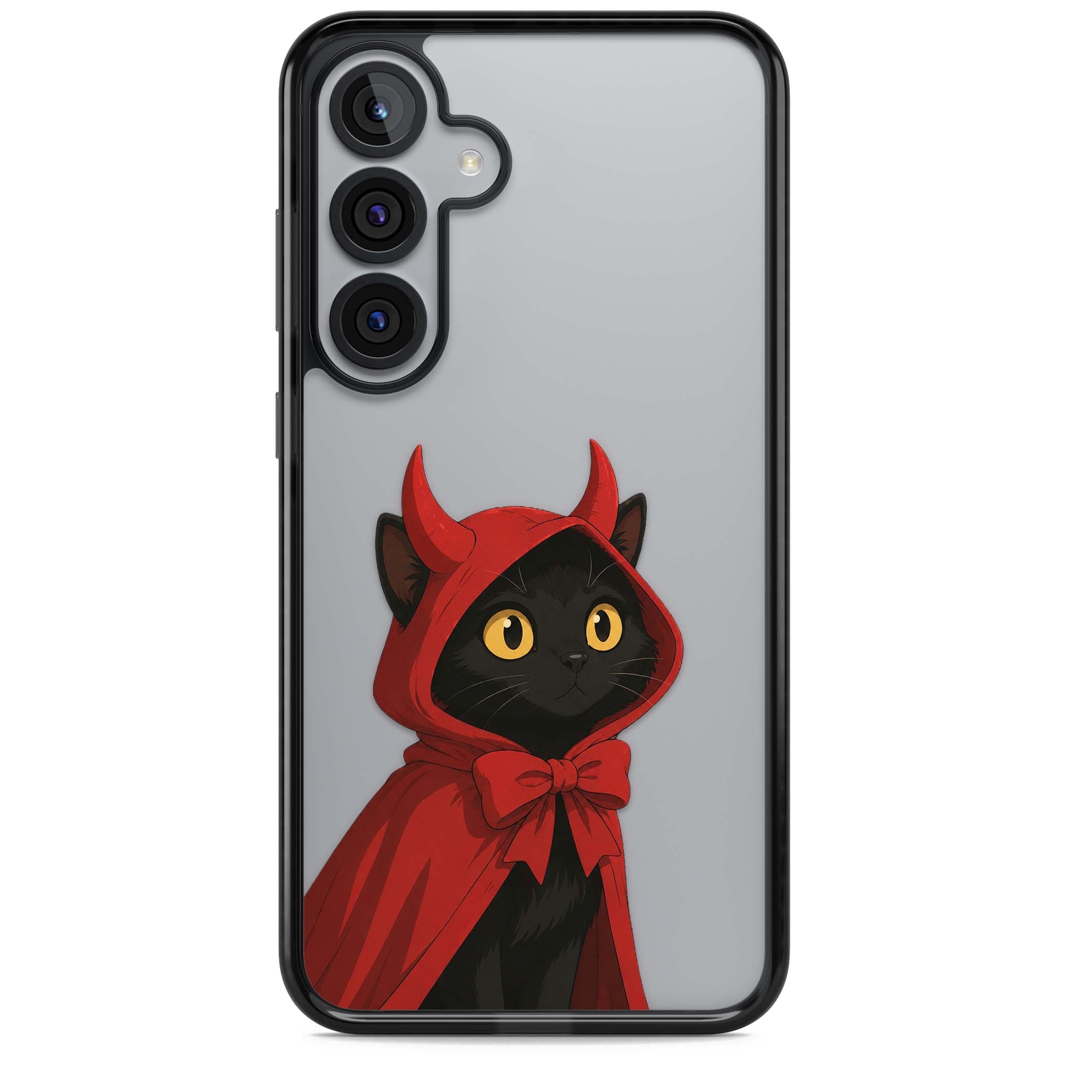 Little Devil halloween iPhone case featuring a black cat in a red hooded devil cloak with horns and golden eyes | Black Impact case for Samsung Galaxy S25, Samsung Galaxy S25 Plus