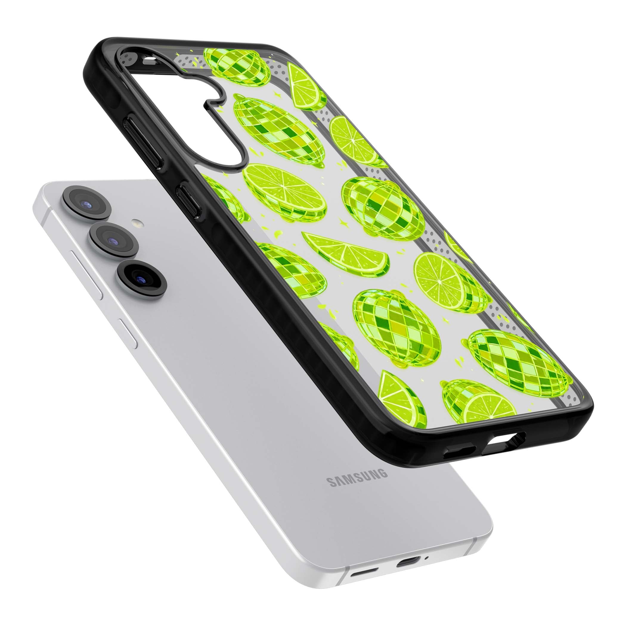 Disco Limes fruit aesthetic iPhone case featuring green disco balls, lime slices and citrus sparkles | Black Impact case for Samsung Galaxy S25, Samsung Galaxy S25 Plus