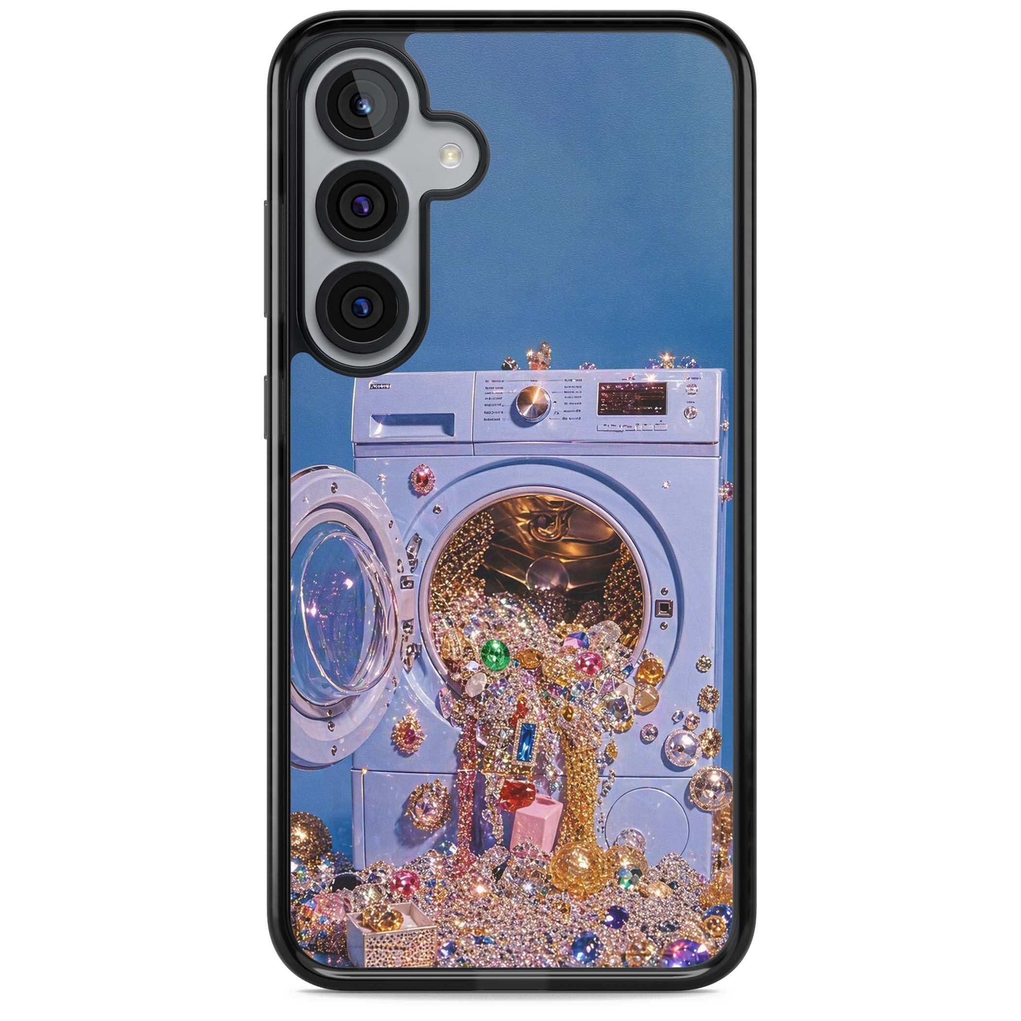 Gem Laundry baddie iPhone case featuring a surreal washing machine overflowing with colourful gemstones and crystals | Black Impact case for Samsung Galaxy S25, Samsung Galaxy S25 Plus