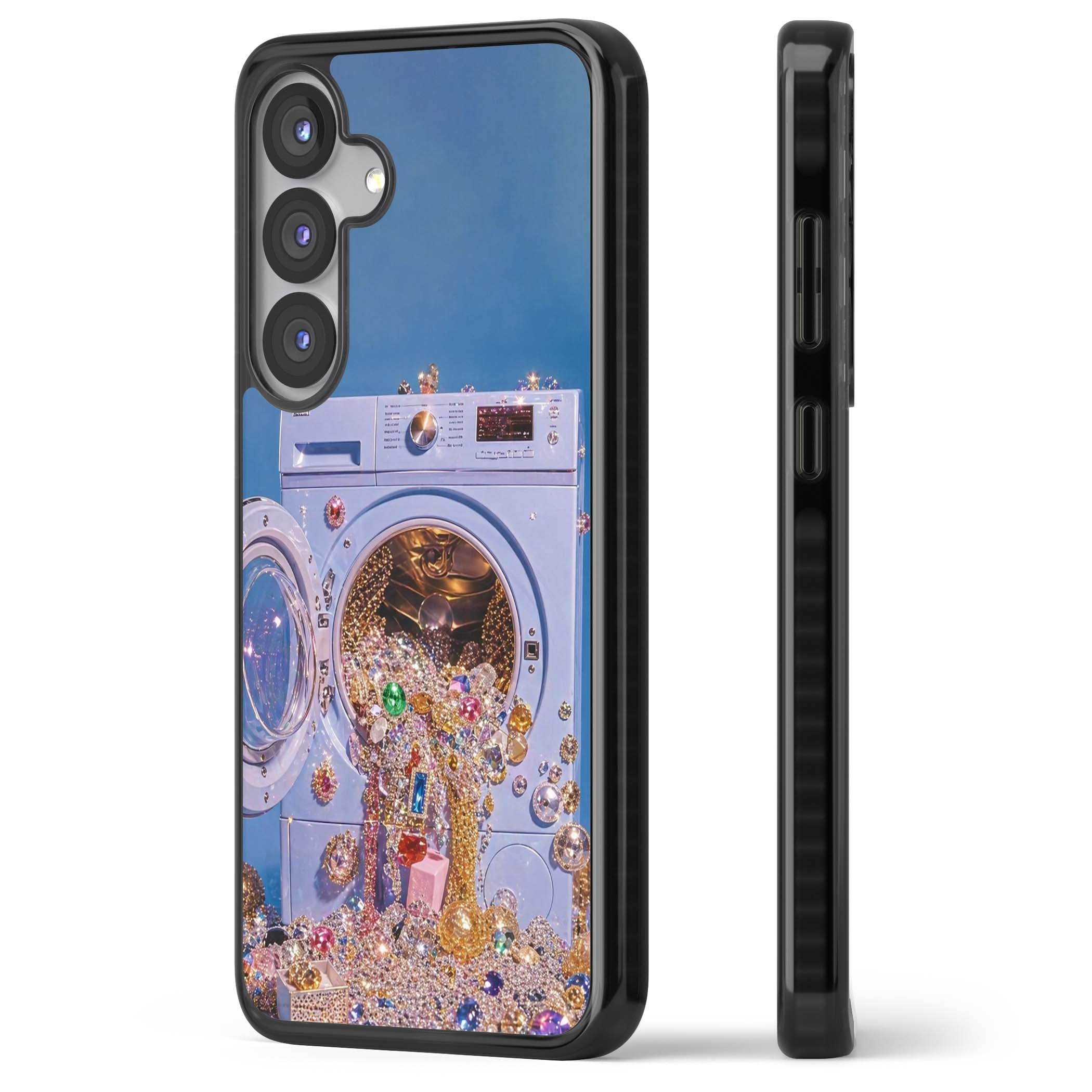 Gem Laundry baddie iPhone case featuring a surreal washing machine overflowing with colourful gemstones and crystals | Black Impact case for Samsung Galaxy S25, Samsung Galaxy S25 Plus