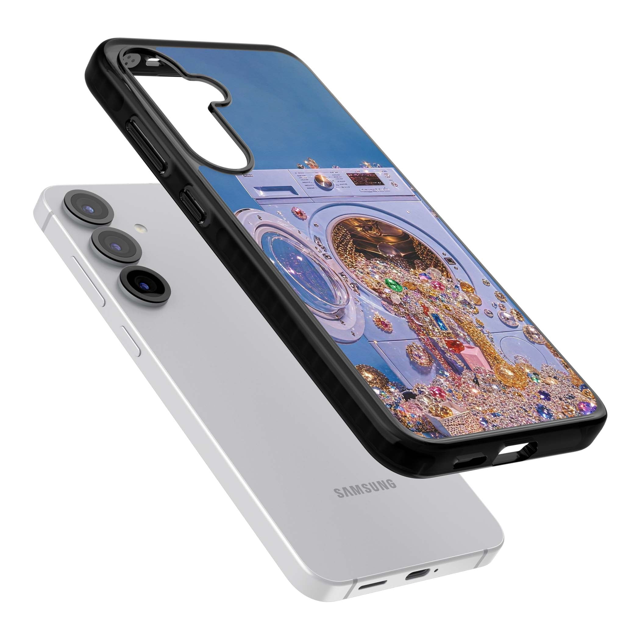 Gem Laundry baddie iPhone case featuring a surreal washing machine overflowing with colourful gemstones and crystals | Black Impact case for Samsung Galaxy S25, Samsung Galaxy S25 Plus