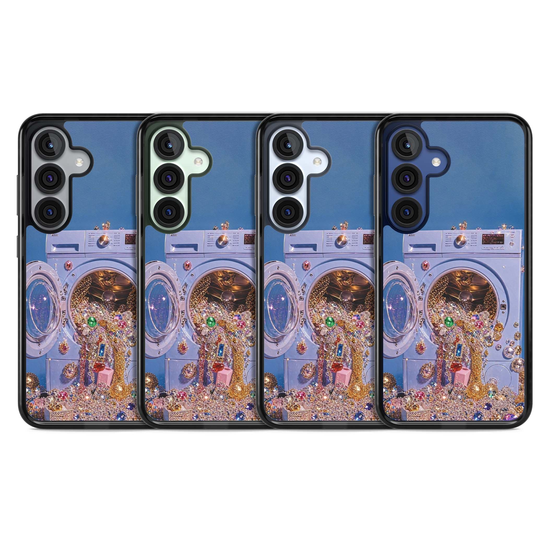 Gem Laundry baddie iPhone case featuring a surreal washing machine overflowing with colourful gemstones and crystals | Black Impact case for Samsung Galaxy S25, Samsung Galaxy S25 Plus