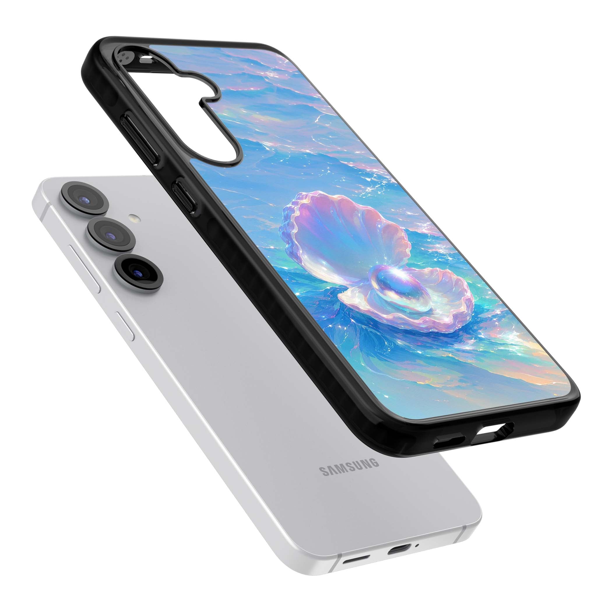 The Pearl Clam mermaidcore iPhone case featuring iridescent seashell, glowing pearl and pastel ocean waves | Black Impact case for Samsung Galaxy S25, Samsung Galaxy S25 Plus