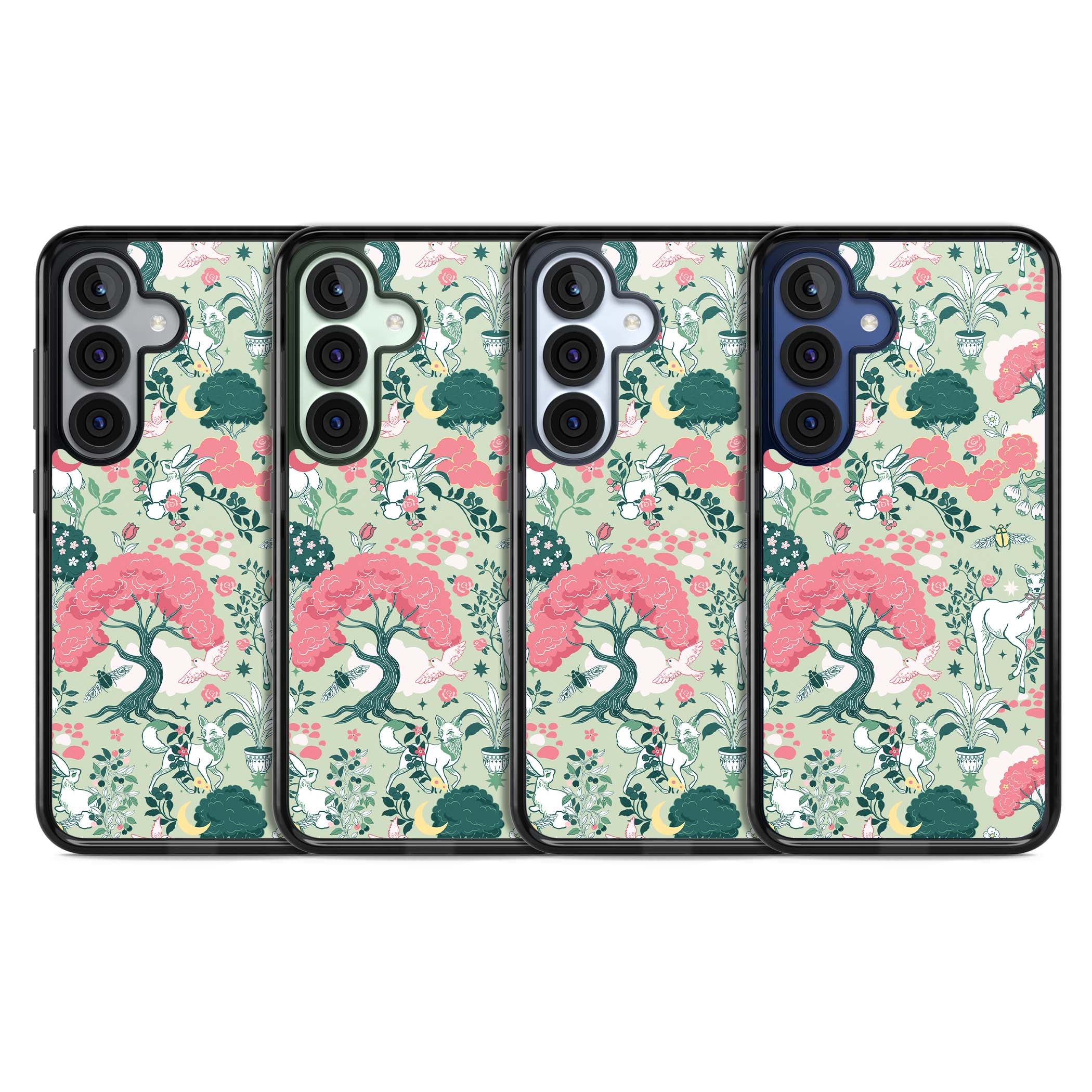 Enchanted Woodland cottagecore iPhone case featuring white deer, pink roses, mushrooms and woodland animals on sage green | Black Impact case for Samsung Galaxy S25, Samsung Galaxy S25 Plus