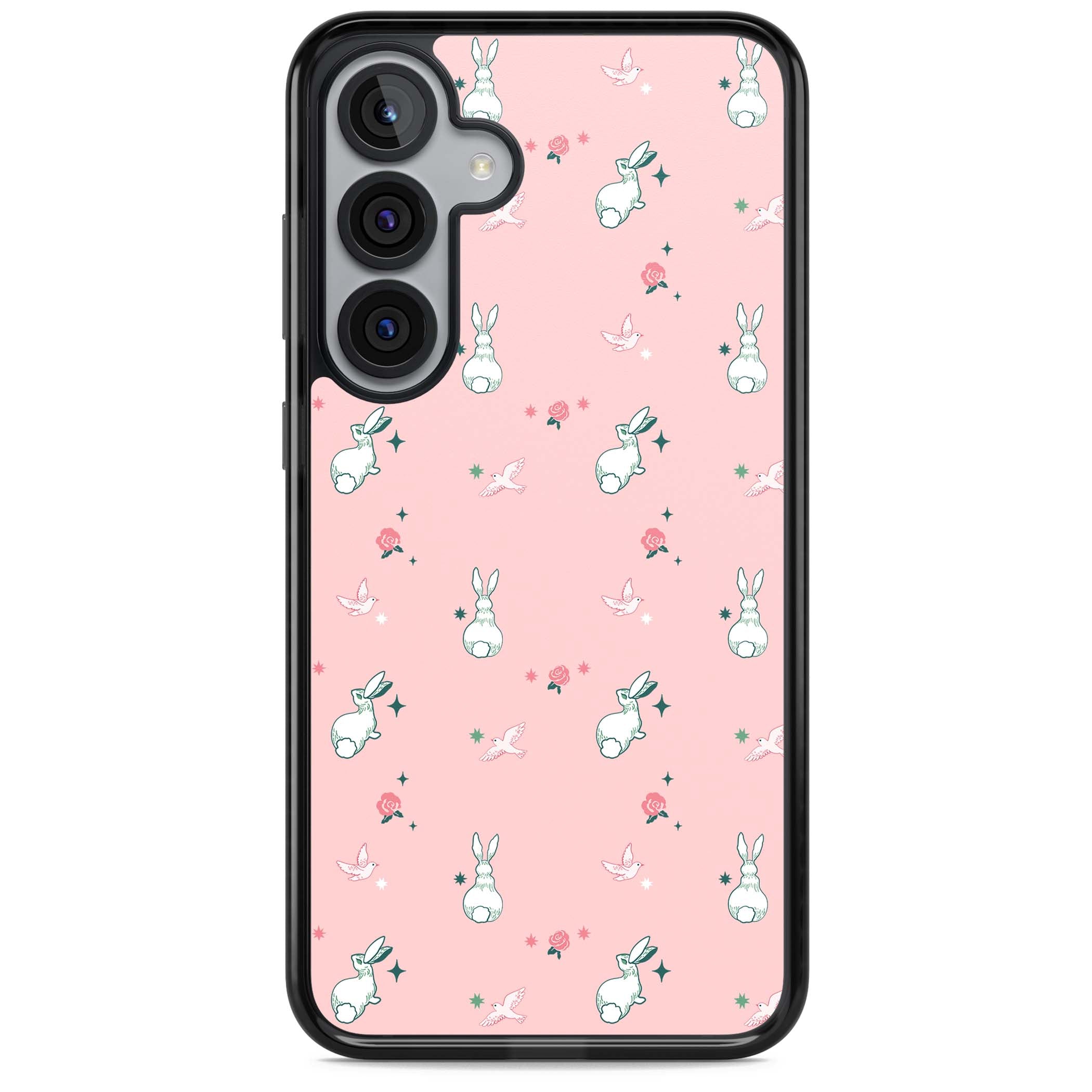Bunny Garden kawaii iPhone case featuring white rabbits, pink roses, doves and stars on pink background | Black Impact case for Samsung Galaxy S25, Samsung Galaxy S25 Plus