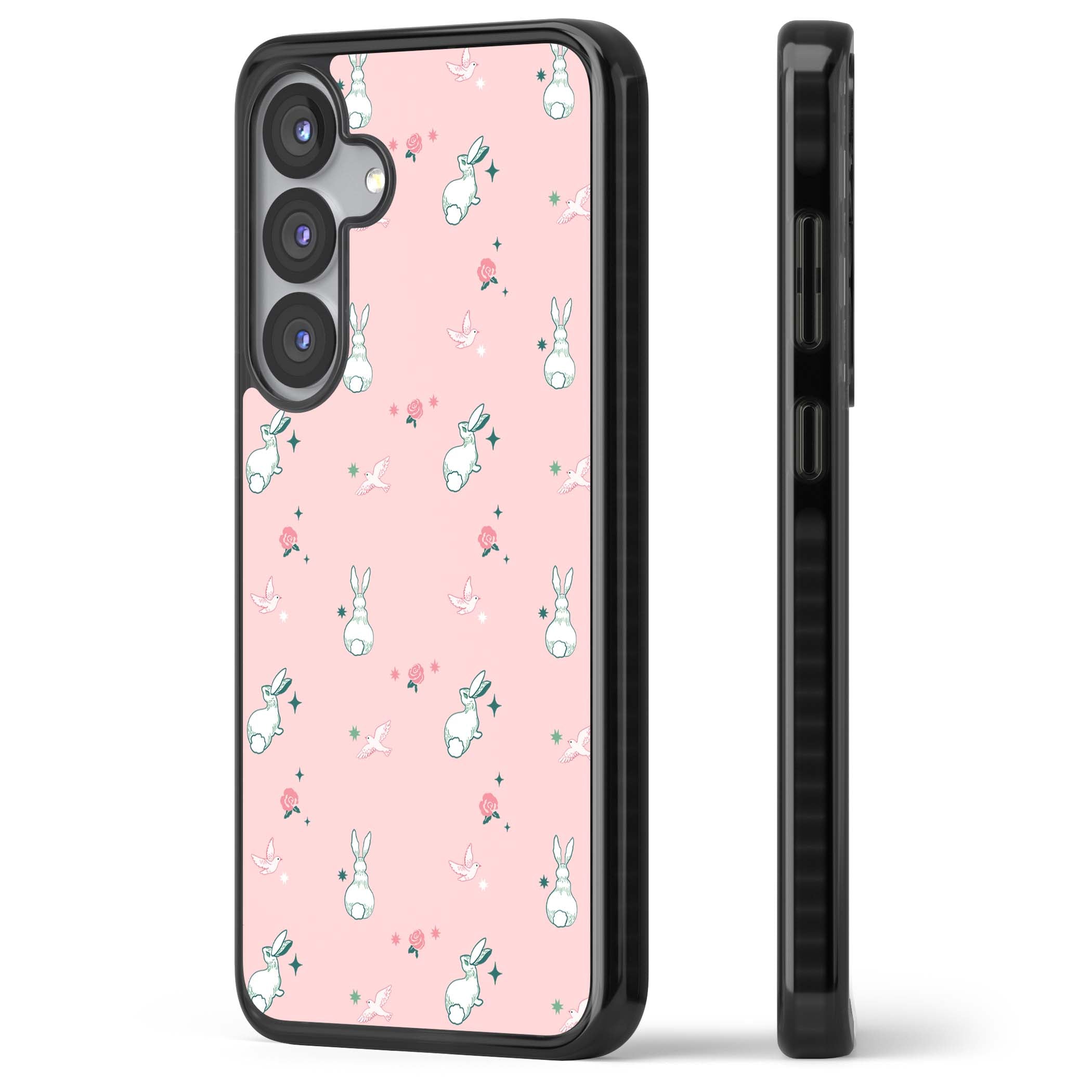 Bunny Garden kawaii iPhone case featuring white rabbits, pink roses, doves and stars on pink background | Black Impact case for Samsung Galaxy S25, Samsung Galaxy S25 Plus