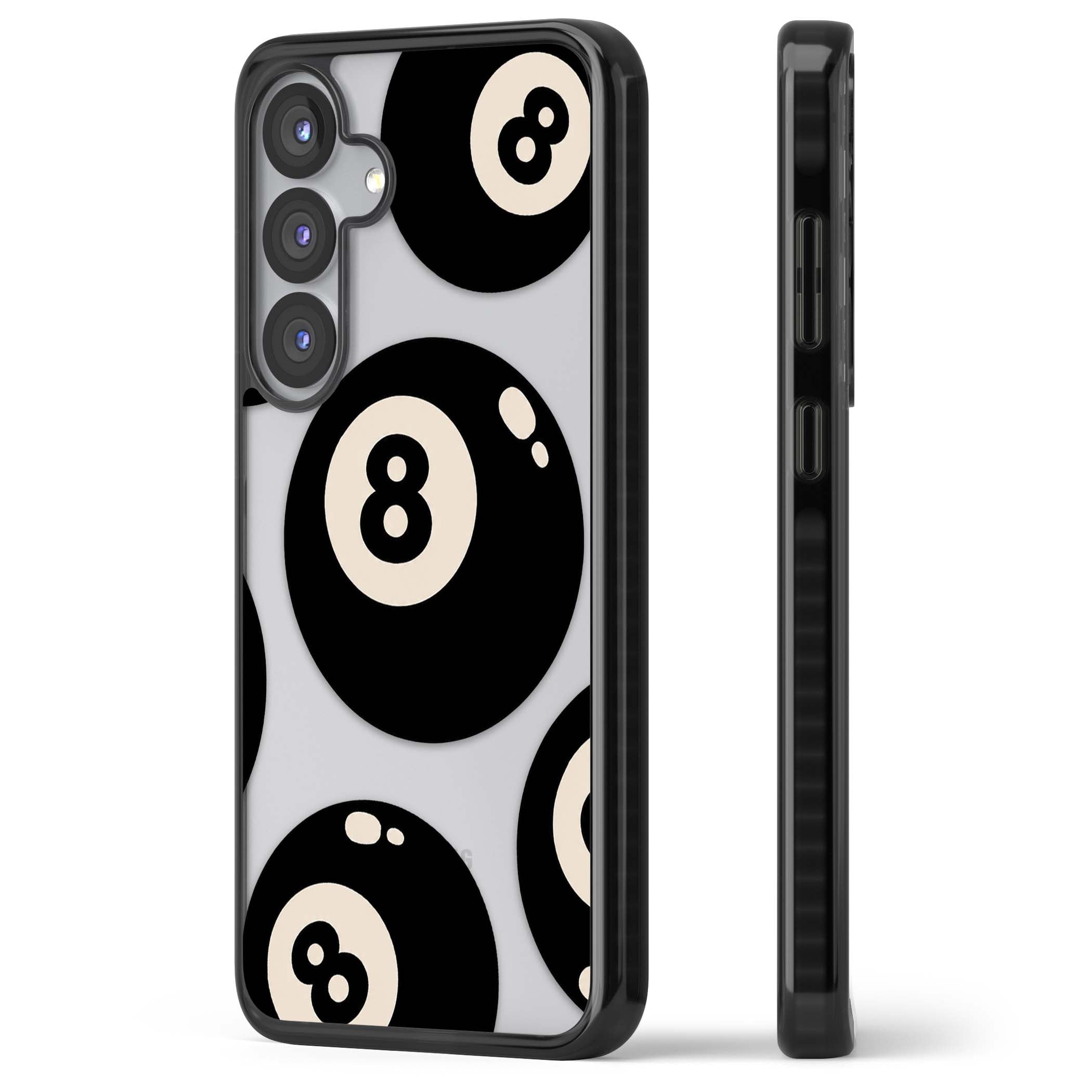 Eights y2k iPhone case featuring scattered black 8 balls with cream highlights on a clear background | Black Impact case for Samsung Galaxy S25, Samsung Galaxy S25 Plus