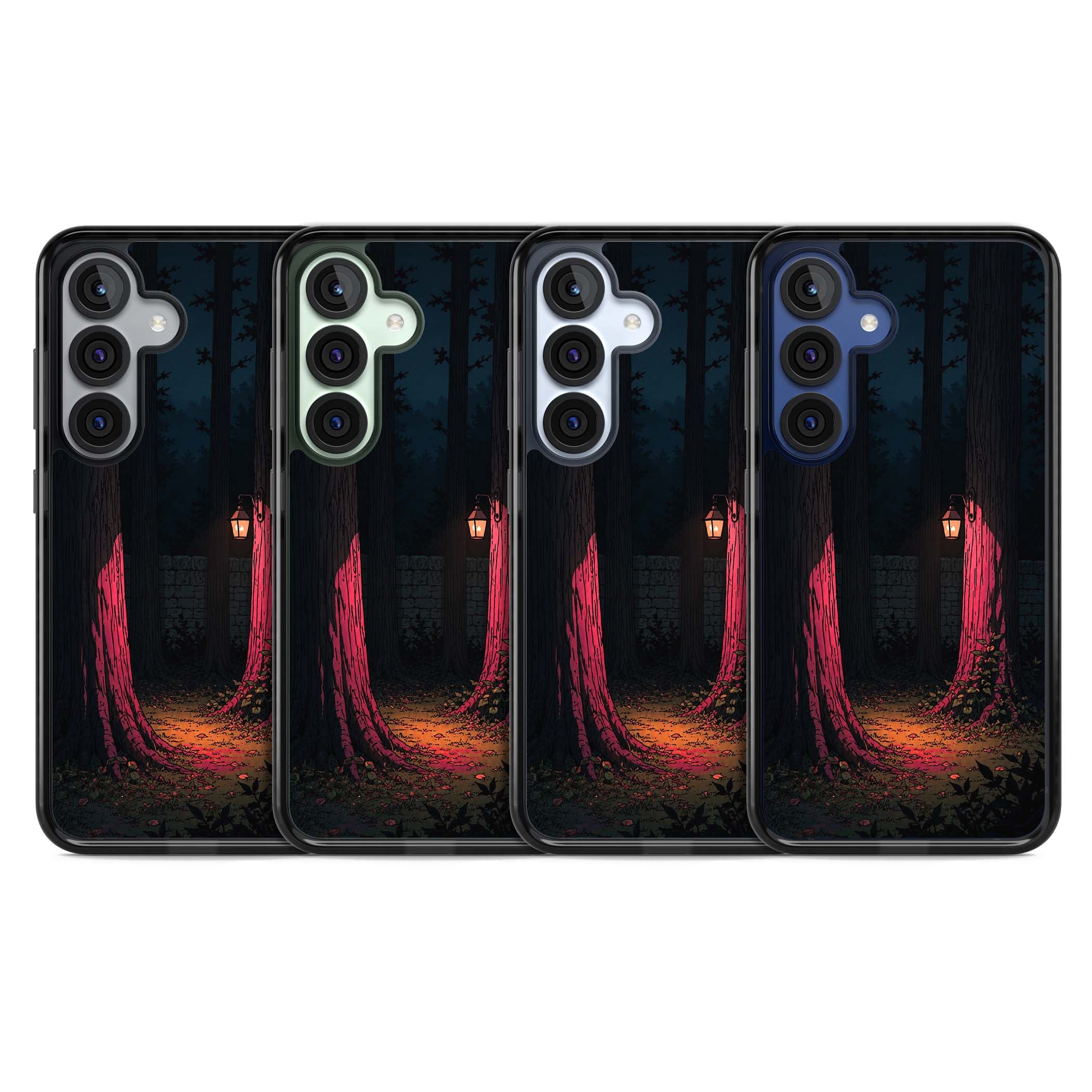 Forest Lantern dark academia iPhone case featuring a moonlit forest, glowing lantern, and stone wall pathway | Black Impact case for Samsung Galaxy S25, Samsung Galaxy S25 Plus