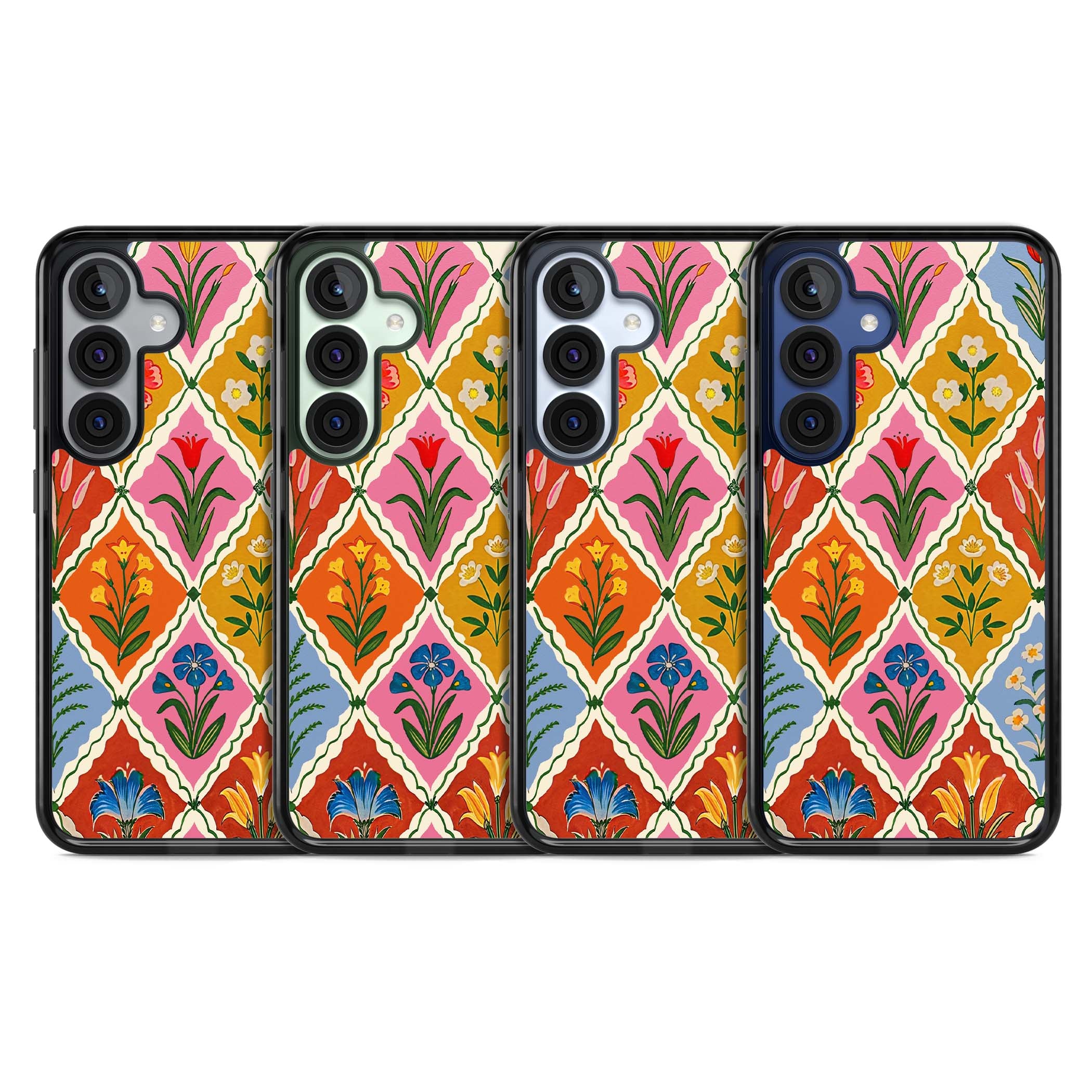 Floral Quilt boho floral iPhone case featuring diamond lattice pattern, hand-painted tulips and folk art wildflowers | Black Impact case for Samsung Galaxy S25, Samsung Galaxy S25 Plus