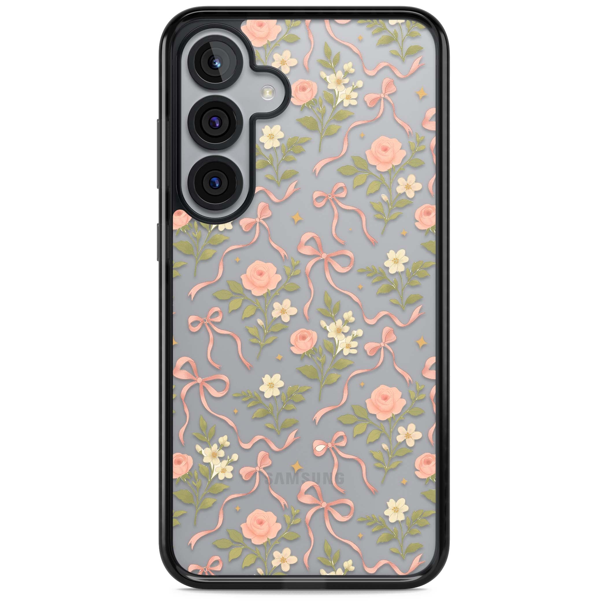 Ribbon Garden coquette iPhone case featuring pink bows, peach roses and wildflowers on white background | Black Impact case for Samsung Galaxy S25, Samsung Galaxy S25 Plus
