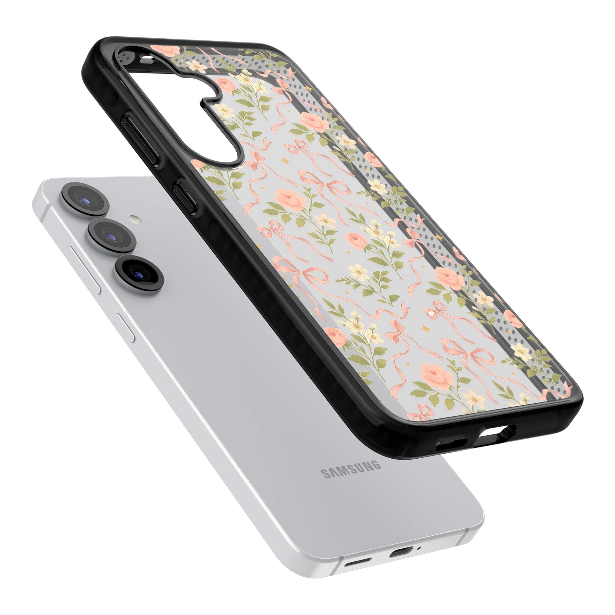 Ribbon Garden coquette iPhone case featuring pink bows, peach roses and wildflowers on white background | Black Impact case for Samsung Galaxy S25, Samsung Galaxy S25 Plus
