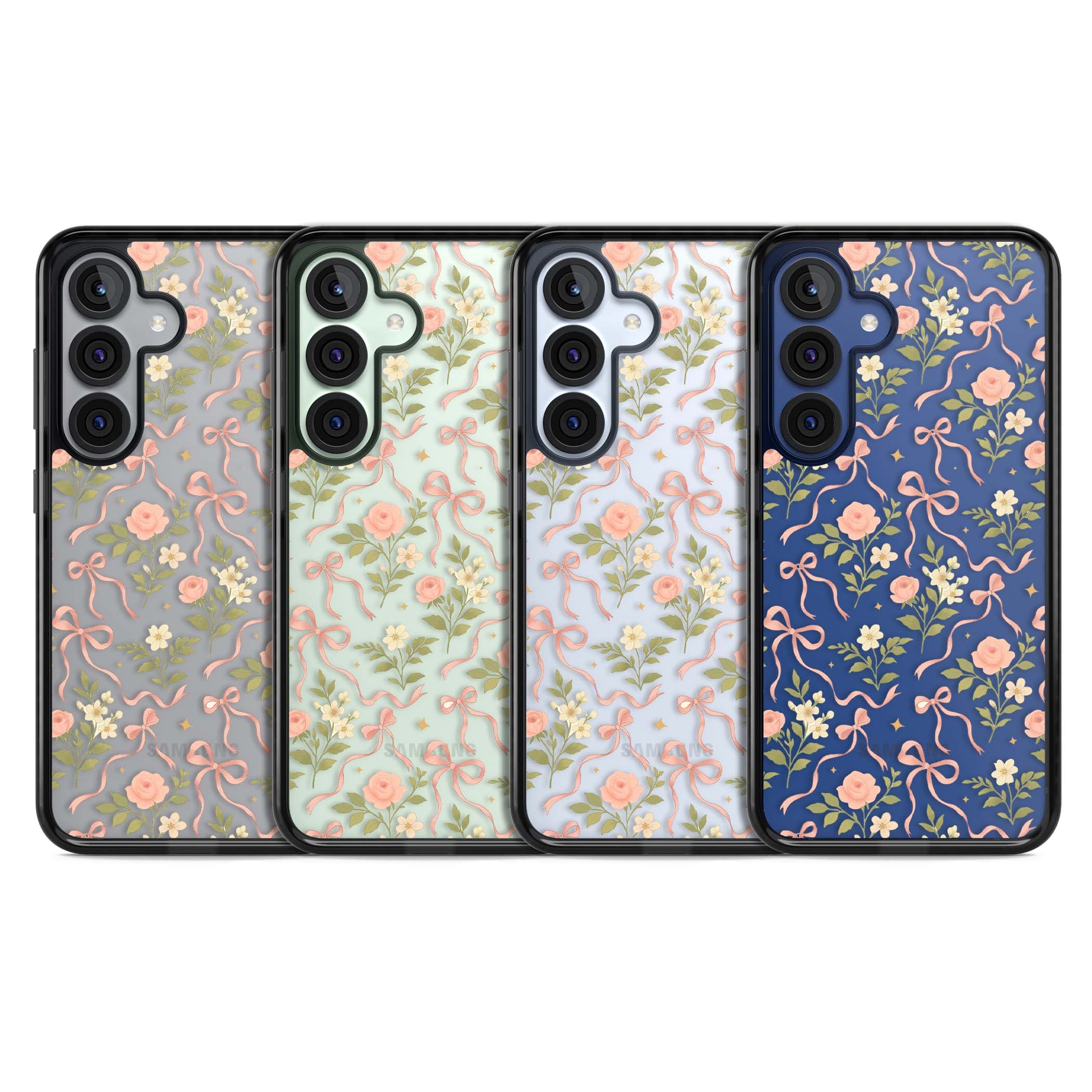 Ribbon Garden coquette iPhone case featuring pink bows, peach roses and wildflowers on white background | Black Impact case for Samsung Galaxy S25, Samsung Galaxy S25 Plus