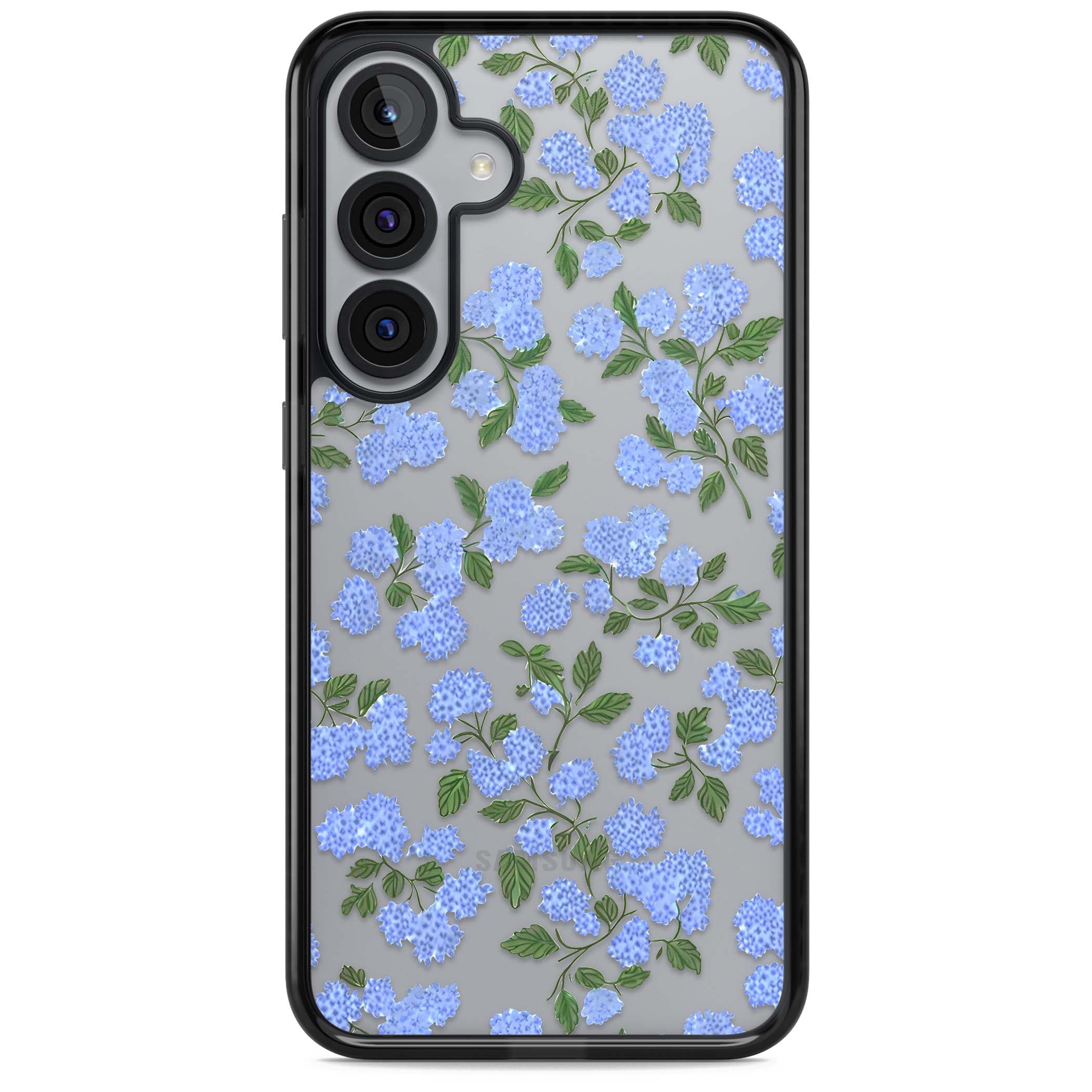 Hydrangea Dreams cottagecore iPhone case featuring soft blue hydrangea flower clusters and green leaves | Black Impact case for Samsung Galaxy S25, Samsung Galaxy S25 Plus