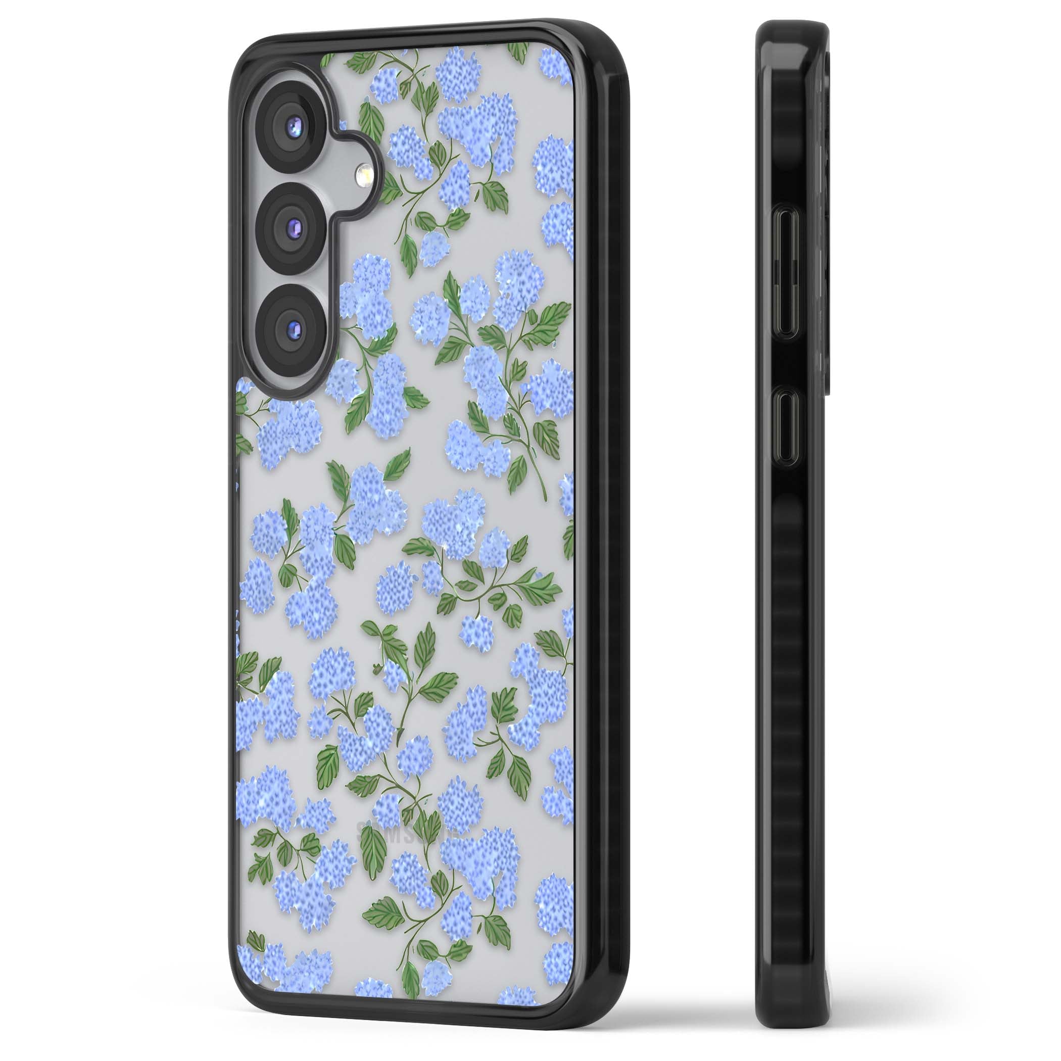 Hydrangea Dreams cottagecore iPhone case featuring soft blue hydrangea flower clusters and green leaves | Black Impact case for Samsung Galaxy S25, Samsung Galaxy S25 Plus