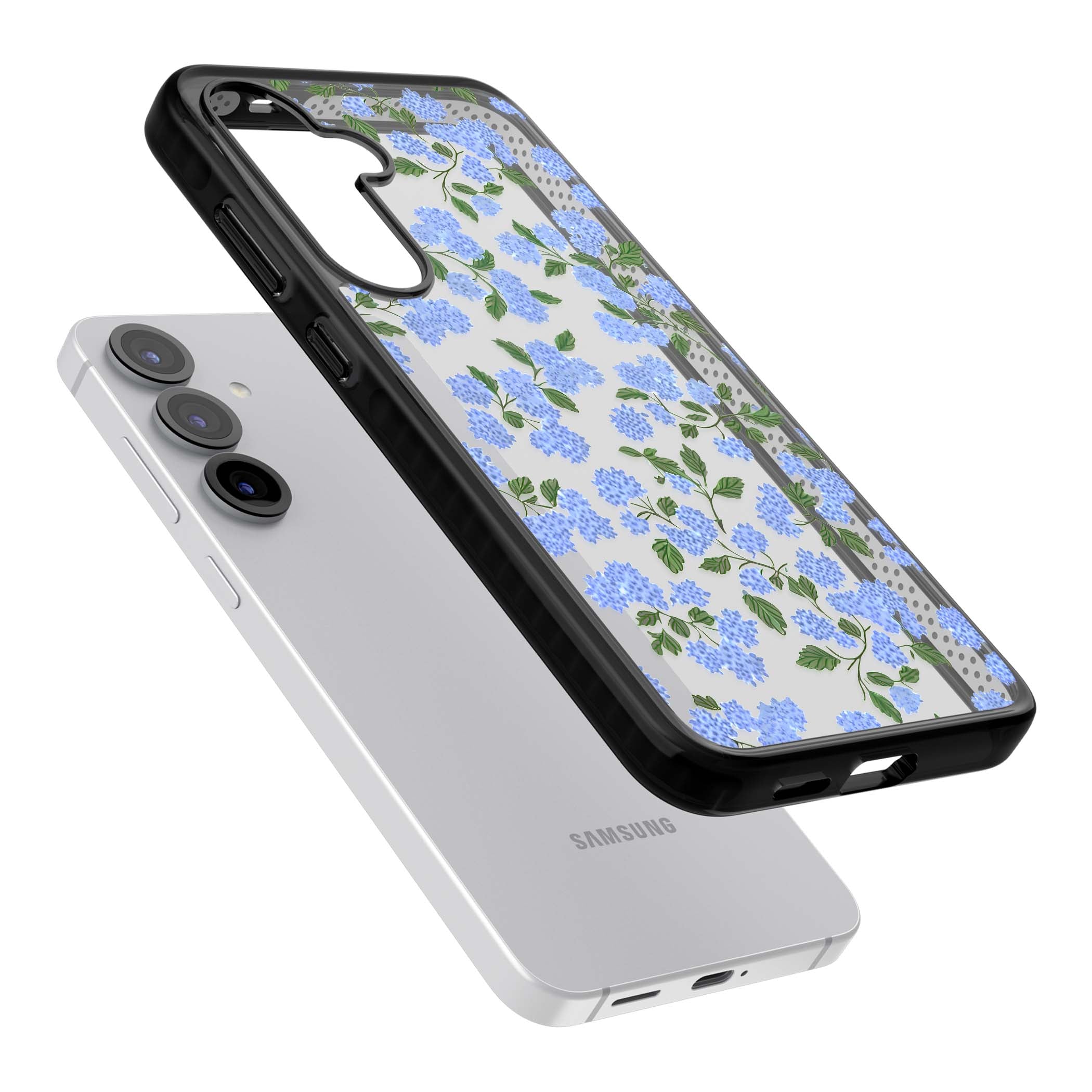 Hydrangea Dreams cottagecore iPhone case featuring soft blue hydrangea flower clusters and green leaves | Black Impact case for Samsung Galaxy S25, Samsung Galaxy S25 Plus