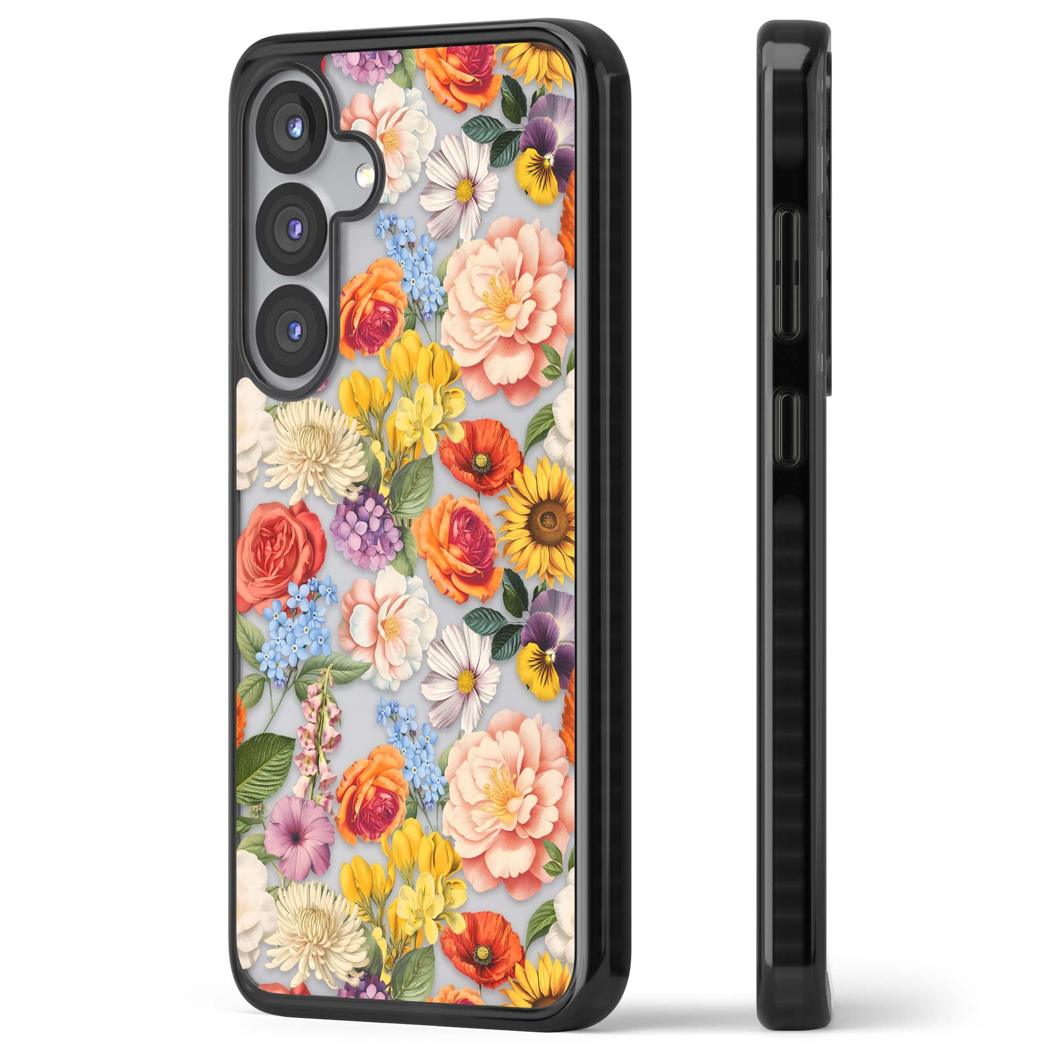Bloom Basket floral iPhone case featuring cottage garden flowers including peonies, sunflowers, and wildflowers in pastel col | Black Impact case for Samsung Galaxy S25, Samsung Galaxy S25 Plus