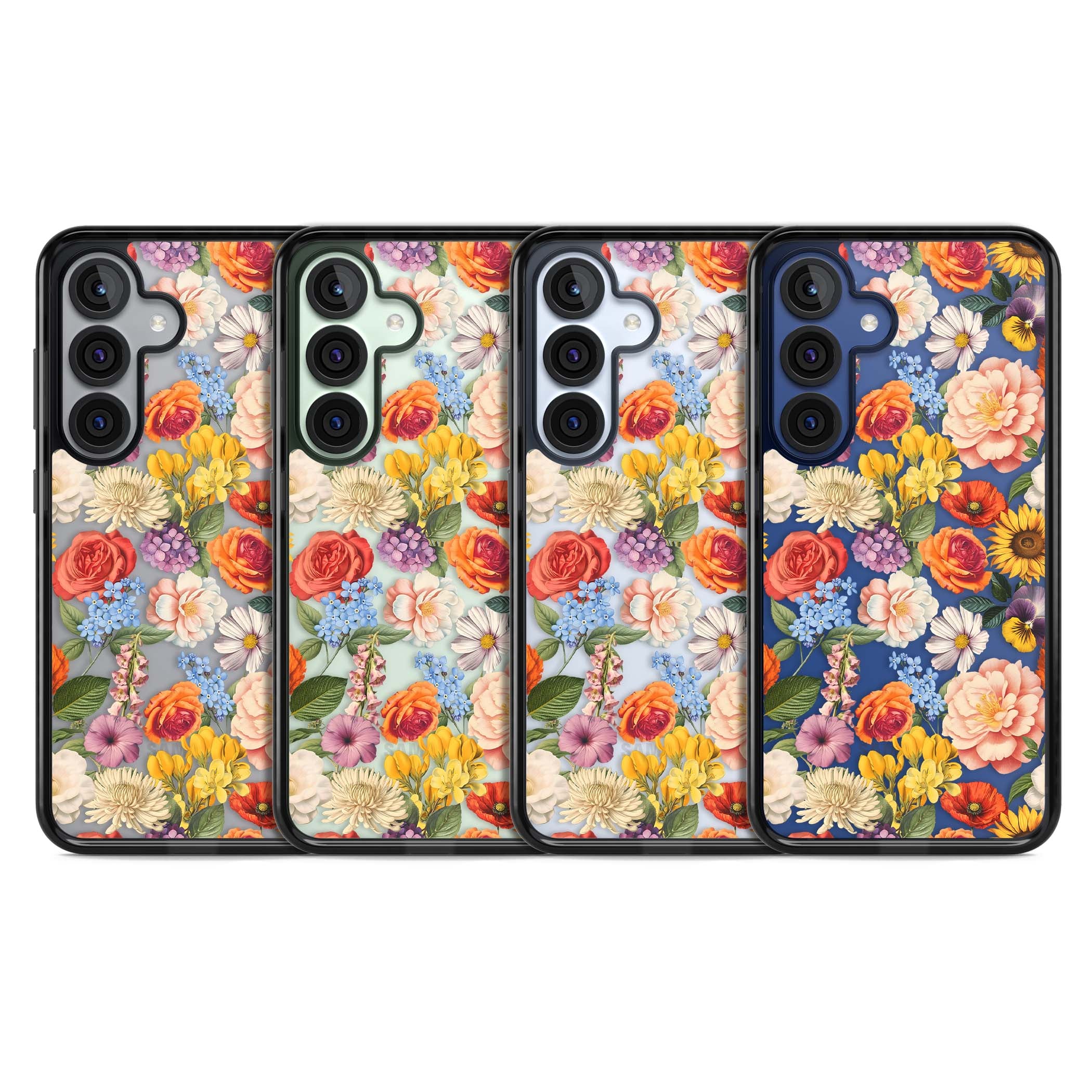 Bloom Basket floral iPhone case featuring cottage garden flowers including peonies, sunflowers, and wildflowers in pastel col | Black Impact case for Samsung Galaxy S25, Samsung Galaxy S25 Plus