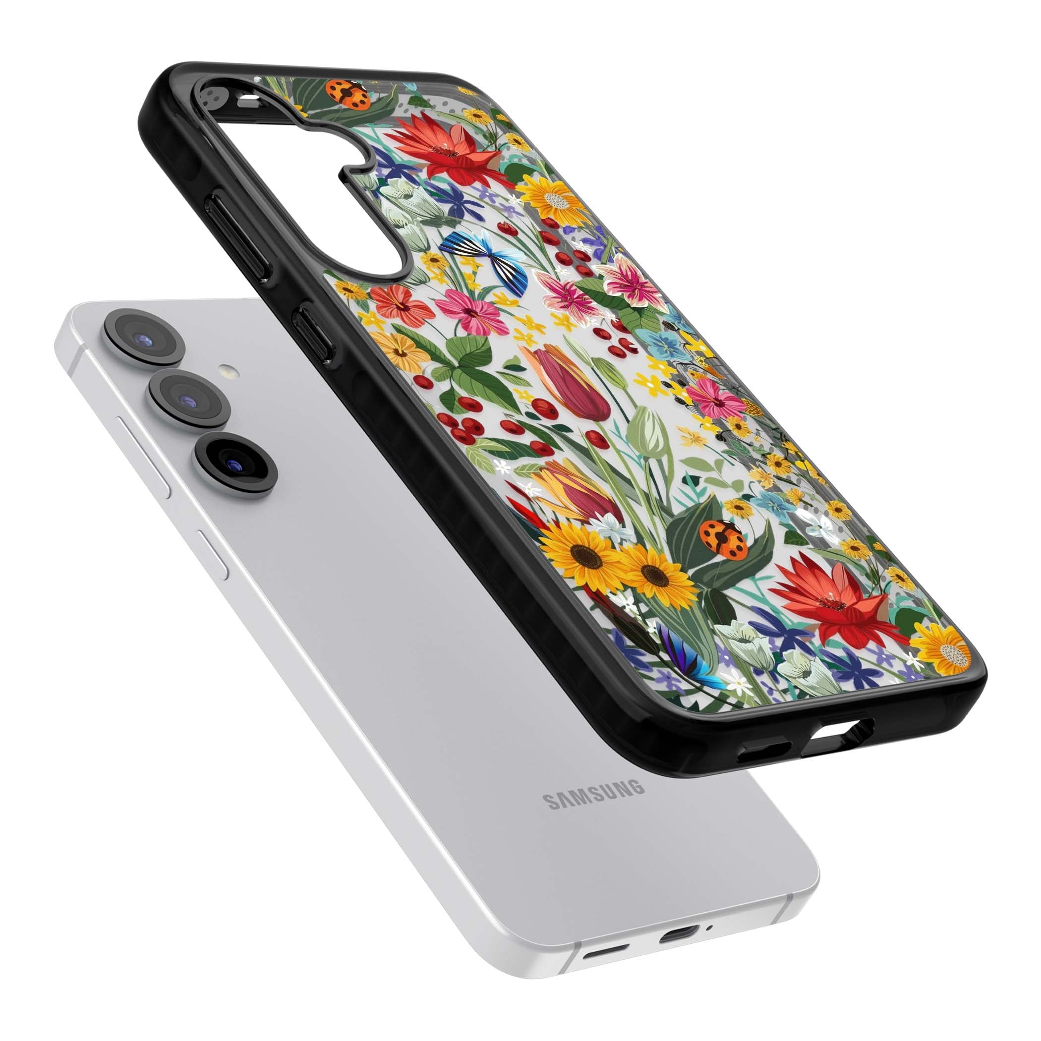 Botanical Bloom cottagecore iPhone case featuring colorful wildflowers, sunflowers, and ladybugs on clear background | Black Impact case for Samsung Galaxy S25, Samsung Galaxy S25 Plus
