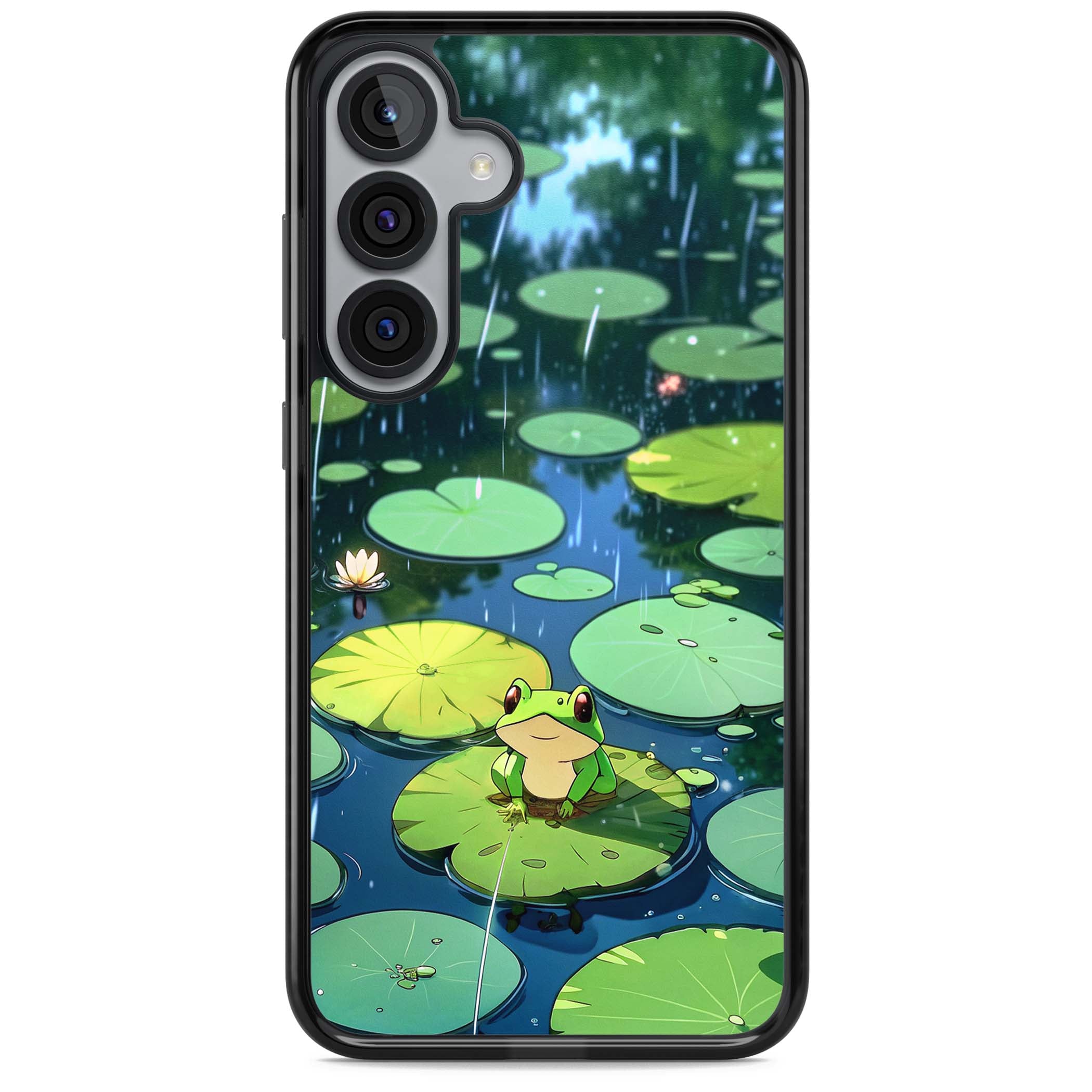 Frog In Lily Pond cottagecore iPhone case featuring a cute green frog on a lily pad with falling rain and a lotus flower | Black Impact case for Samsung Galaxy S25, Samsung Galaxy S25 Plus