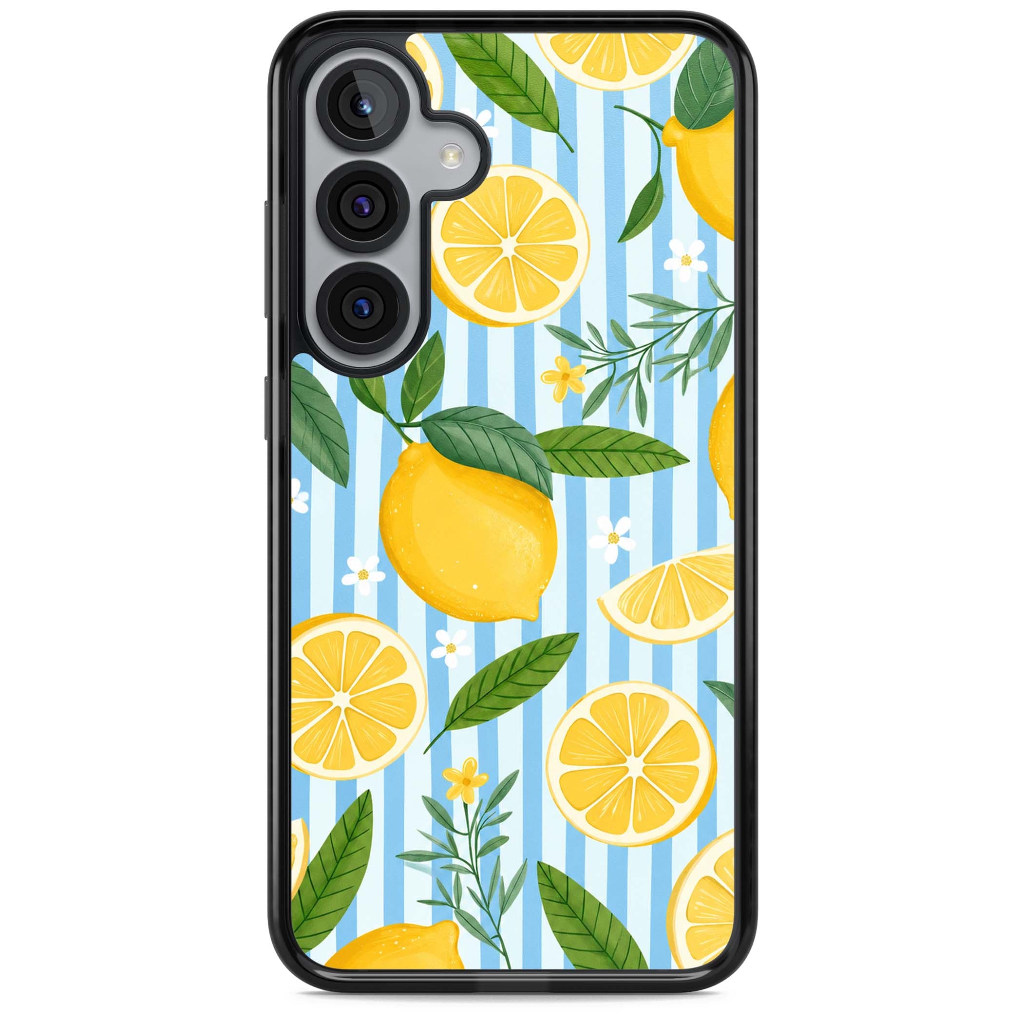 Capri Citrus Stripe coastal iPhone case featuring yellow lemons, blue stripes, and white daisy blossoms | Black Impact case for Samsung Galaxy S25, Samsung Galaxy S25 Plus