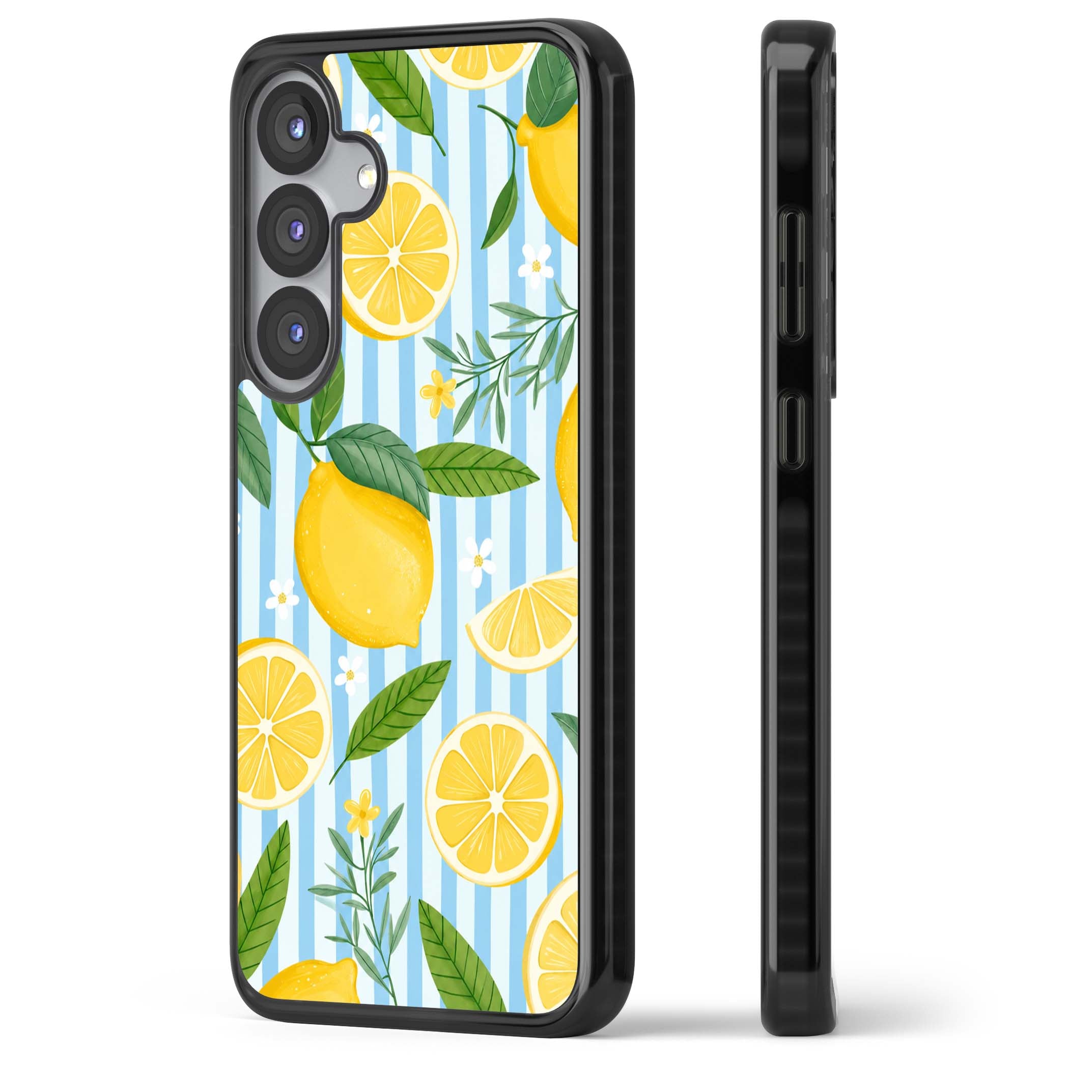 Capri Citrus Stripe coastal iPhone case featuring yellow lemons, blue stripes, and white daisy blossoms | Black Impact case for Samsung Galaxy S25, Samsung Galaxy S25 Plus