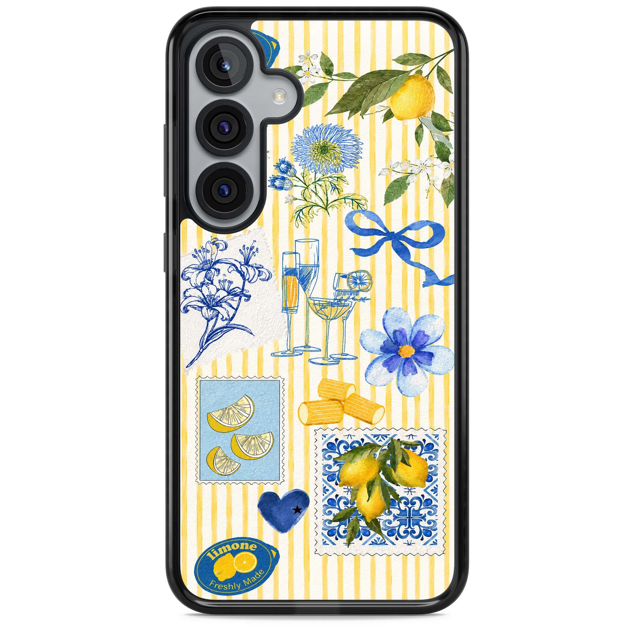 Limone Riviera Italian summer iPhone case featuring watercolour lemons, blue ribbon bows and majolica tile stamps on... | Black Impact case for Samsung Galaxy S25, Samsung Galaxy S25 Plus