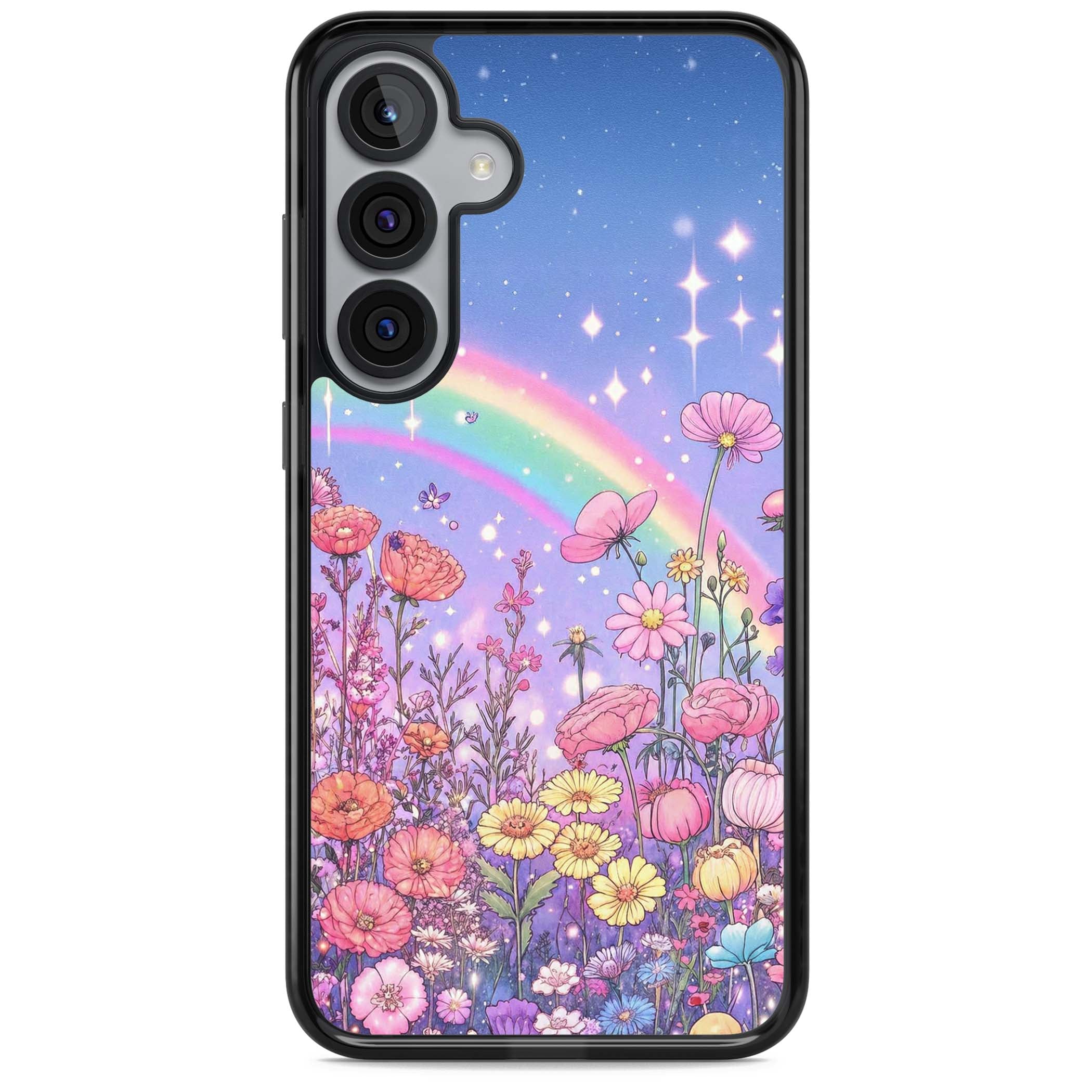 Magical Meadow fairycore iPhone case featuring a pastel rainbow, sparkling stars and a wildflower meadow | Black Impact case for Samsung Galaxy S25, Samsung Galaxy S25 Plus