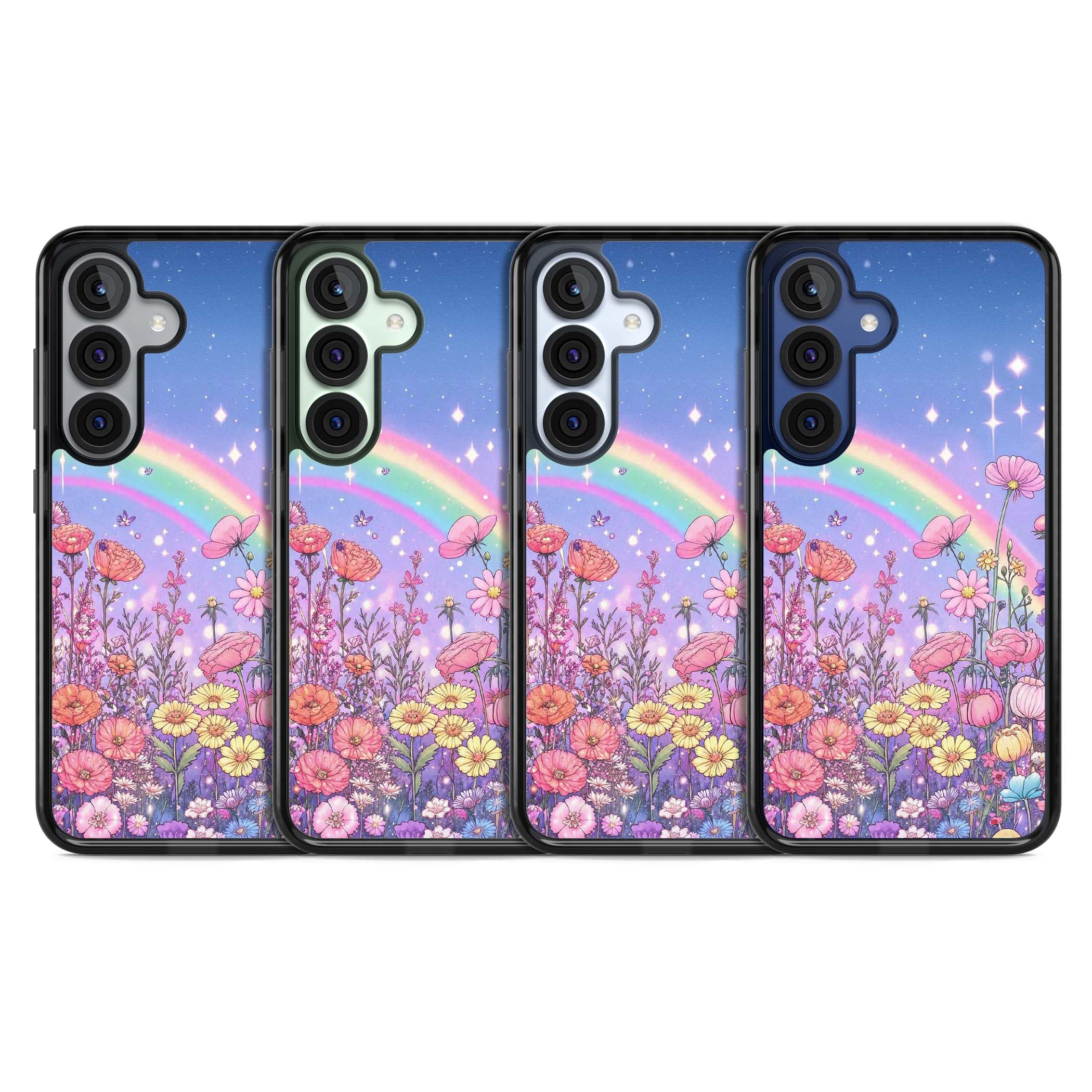 Magical Meadow fairycore iPhone case featuring a pastel rainbow, sparkling stars and a wildflower meadow | Black Impact case for Samsung Galaxy S25, Samsung Galaxy S25 Plus
