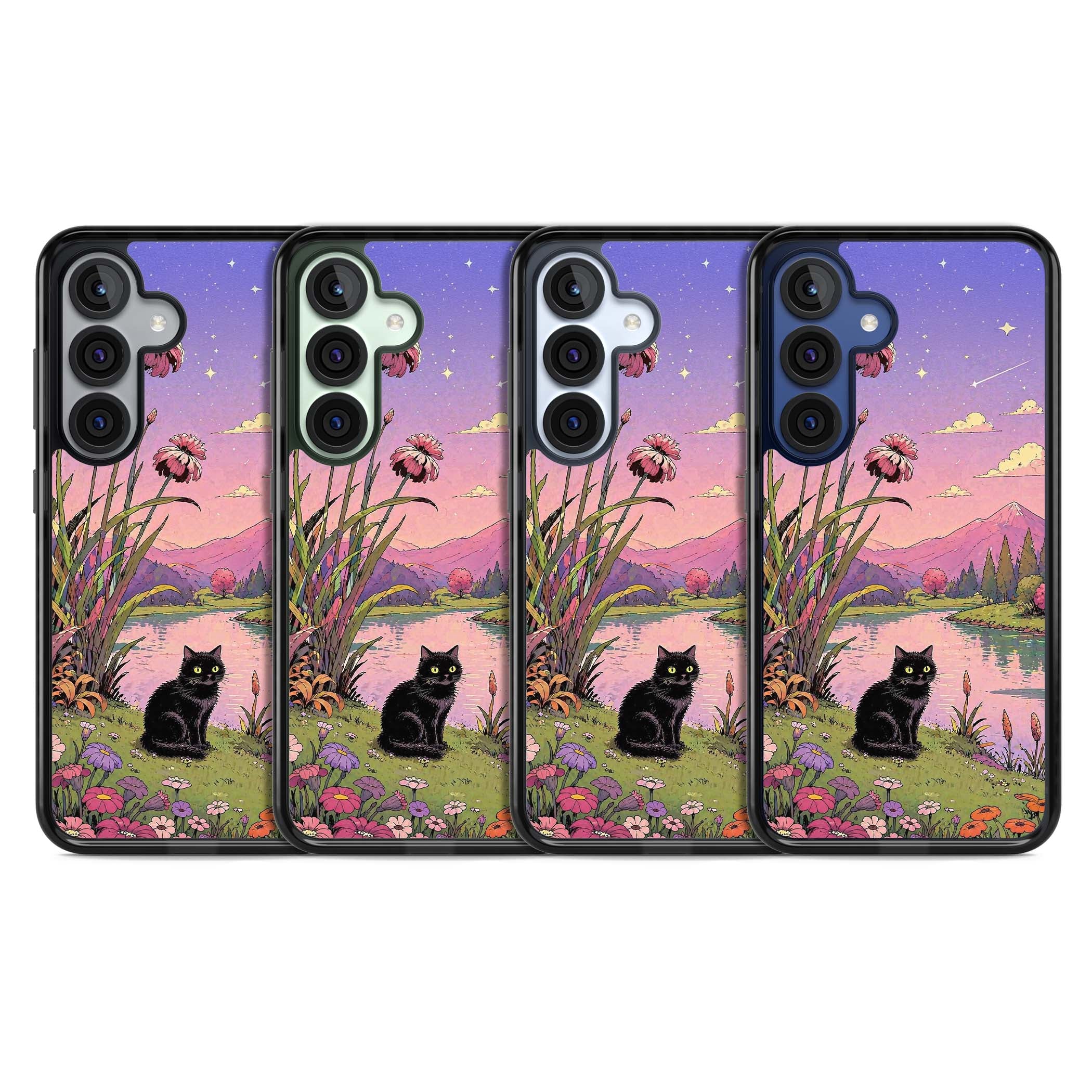 Mystic Whiskers ghibli iPhone case featuring a black cat by a pastel lake, wildflowers and a starry sunset sky | Black Impact case for Samsung Galaxy S25, Samsung Galaxy S25 Plus