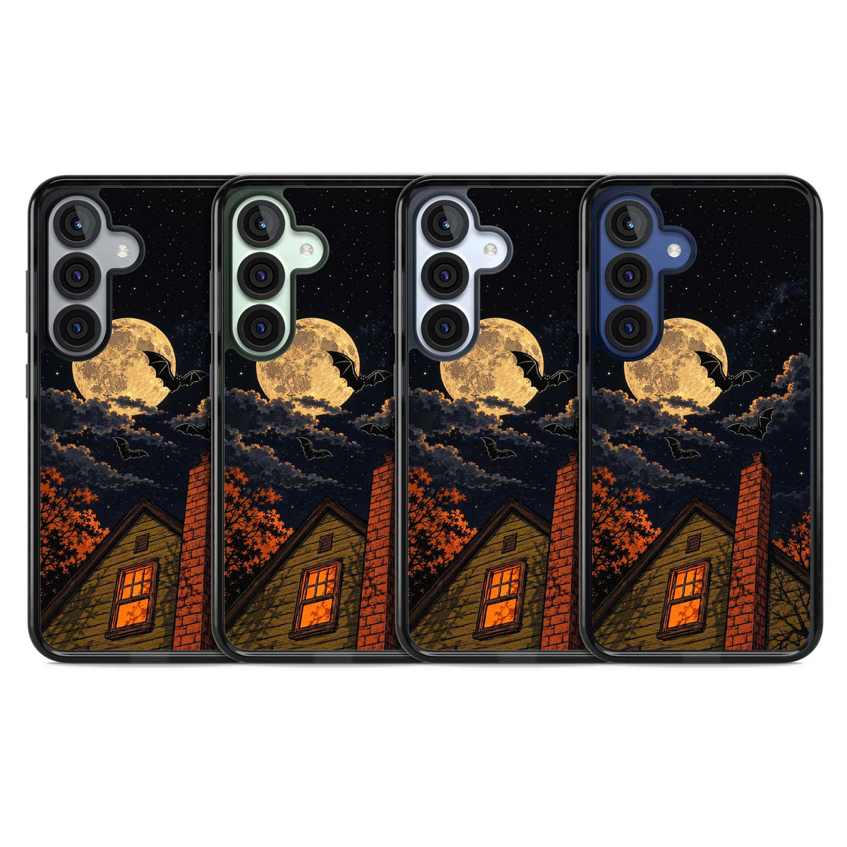 Hollows Eve Halloween iPhone case featuring a haunted house, full moon and flying bats against a starry autumn sky | Black Impact case for Samsung Galaxy S25, Samsung Galaxy S25 Plus