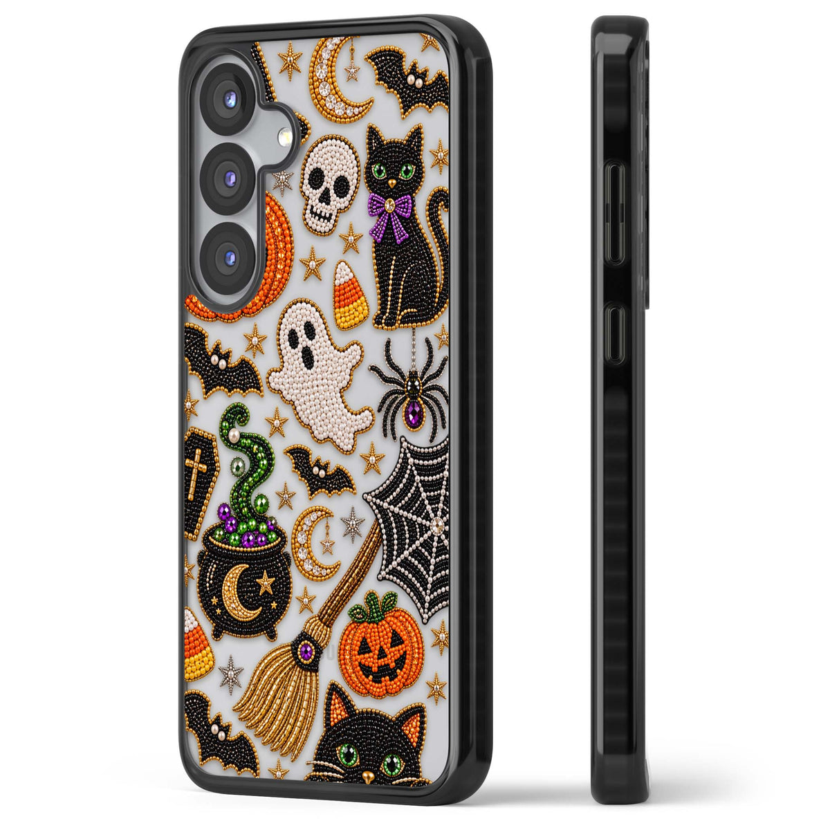 Beaded Halloween Halloween iPhone case featuring beaded pumpkins, ghosts, black cats and bats | Black Impact case for Samsung Galaxy S25, Samsung Galaxy S25 Plus