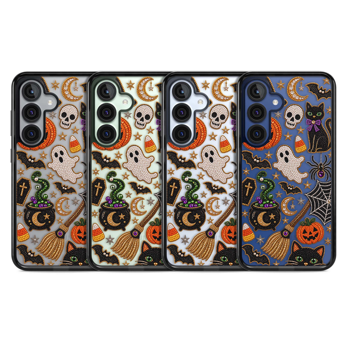 Beaded Halloween Halloween iPhone case featuring beaded pumpkins, ghosts, black cats and bats | Black Impact case for Samsung Galaxy S25, Samsung Galaxy S25 Plus