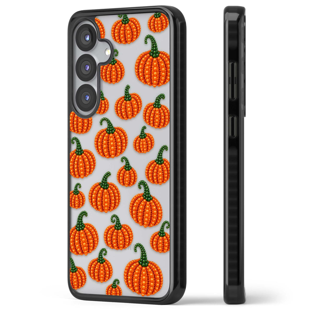 Beaded Pumpkins halloween iPhone case featuring beaded orange pumpkins with green stems on a clear background | Black Impact case for Samsung Galaxy S25, Samsung Galaxy S25 Plus
