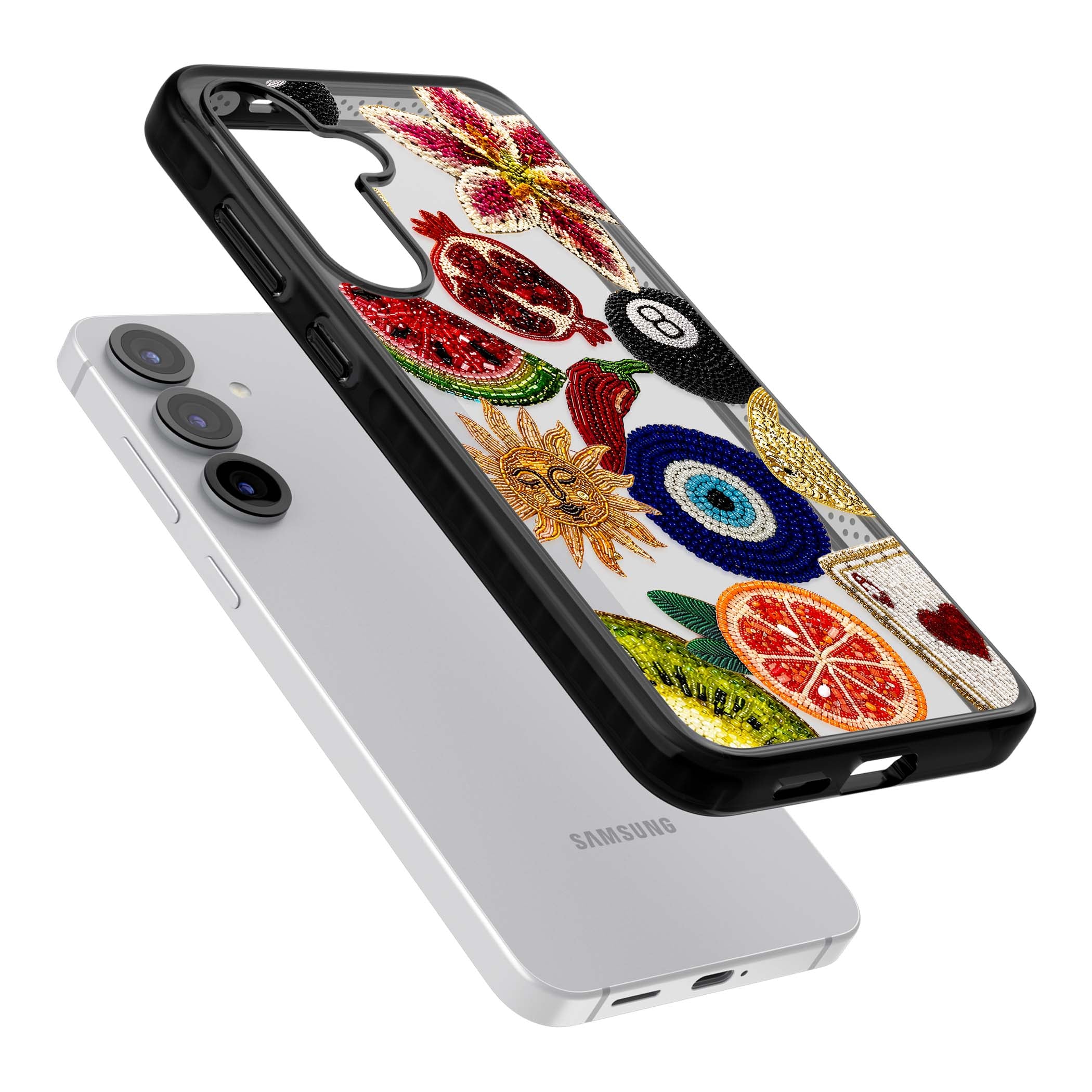 Beaded Charms embroidery iPhone case featuring beaded evil eye, fruit patches and a golden sun motif | Black Impact case for Samsung Galaxy S25, Samsung Galaxy S25 Plus