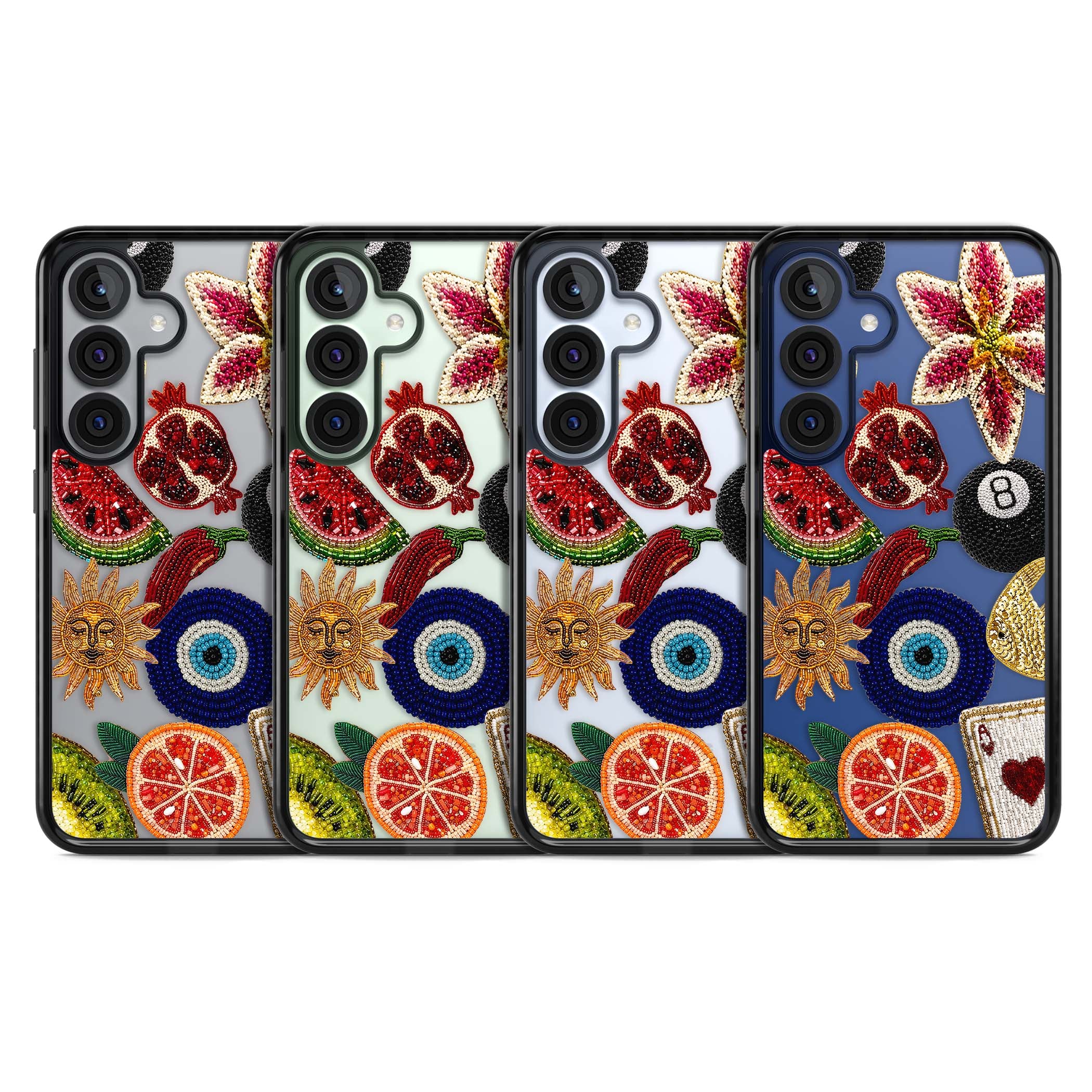 Beaded Charms embroidery iPhone case featuring beaded evil eye, fruit patches and a golden sun motif | Black Impact case for Samsung Galaxy S25, Samsung Galaxy S25 Plus