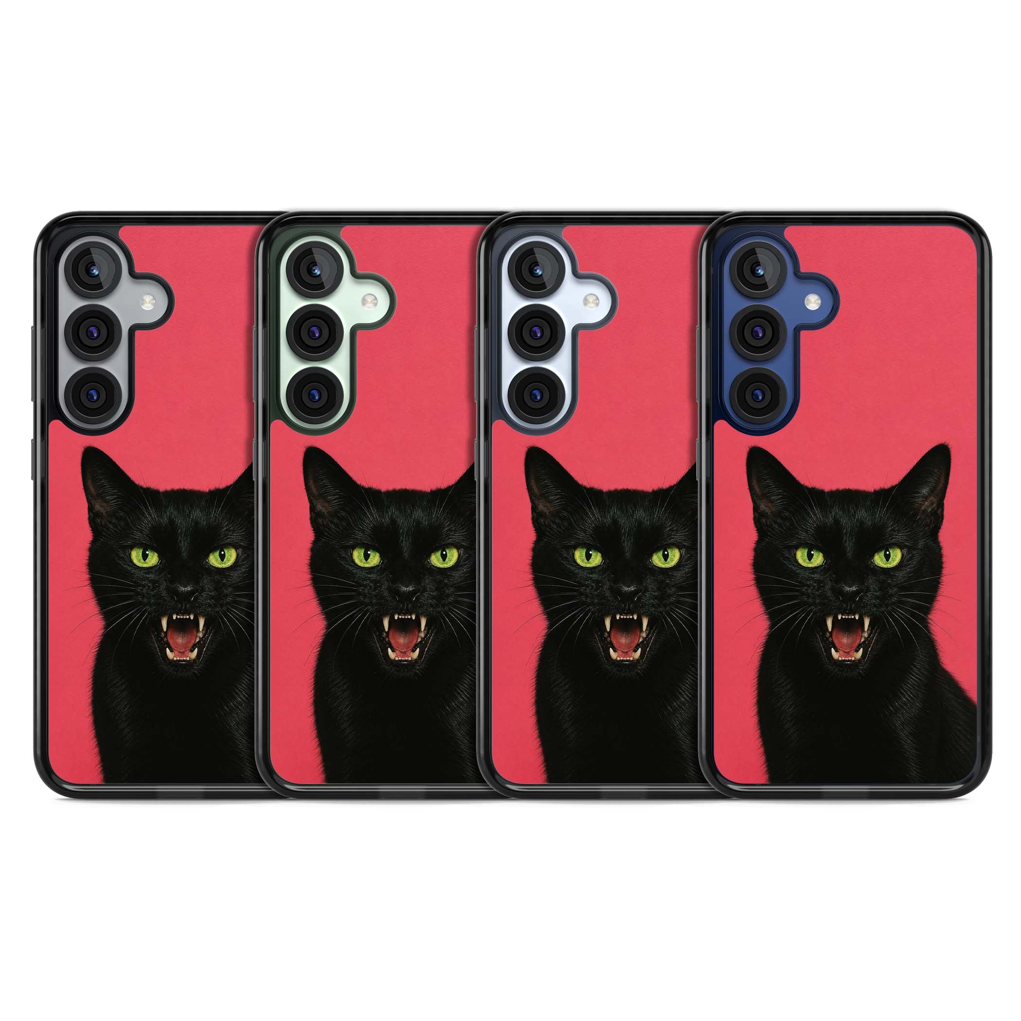 Hissin' Baddie black cat iPhone case featuring a hissing feline with green eyes on a hot pink background | Black Impact case for Samsung Galaxy S25, Samsung Galaxy S25 Plus