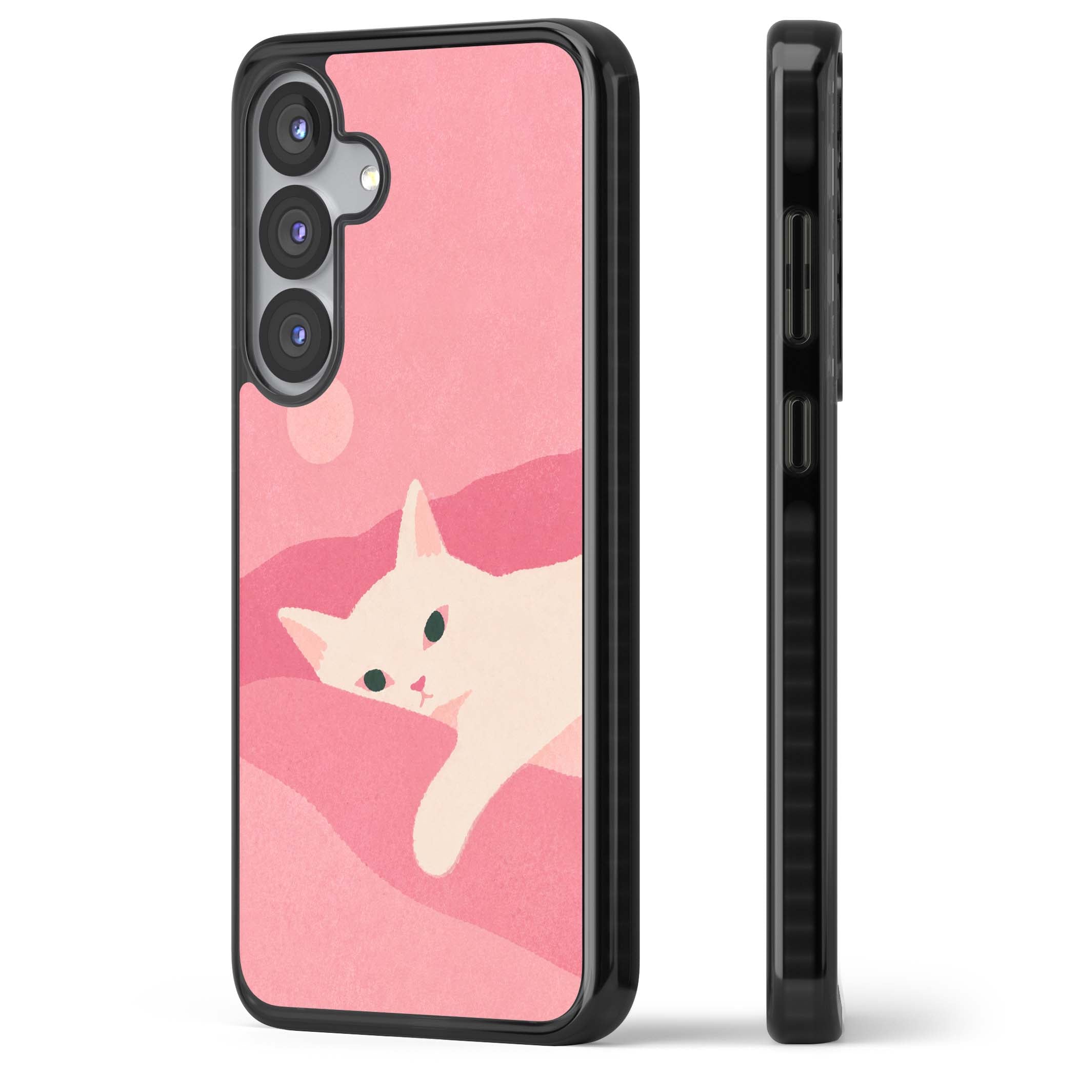 Pink Dreams cute cat iPhone case featuring a white kitten, soft pink hills and a pale pastel sun | Black Impact case for Samsung Galaxy S25, Samsung Galaxy S25 Plus