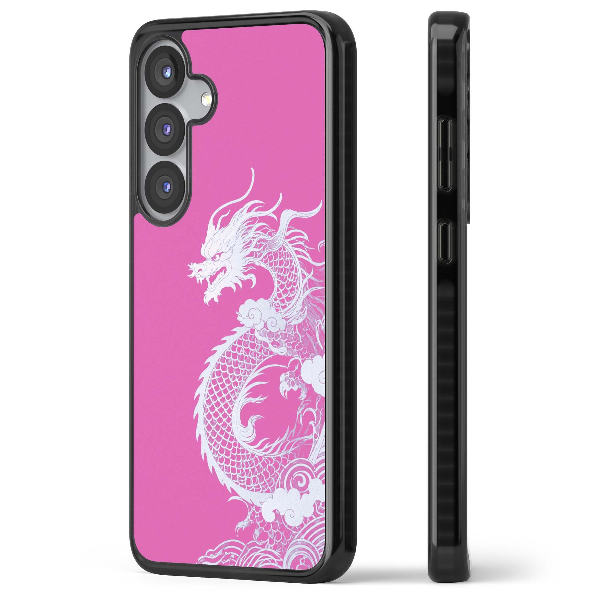 Pink Empress chinese dragon iPhone case featuring a white dragon, swirling clouds and pink dragon wallpaper backdrop | Black Impact case for Samsung Galaxy S25, Samsung Galaxy S25 Plus