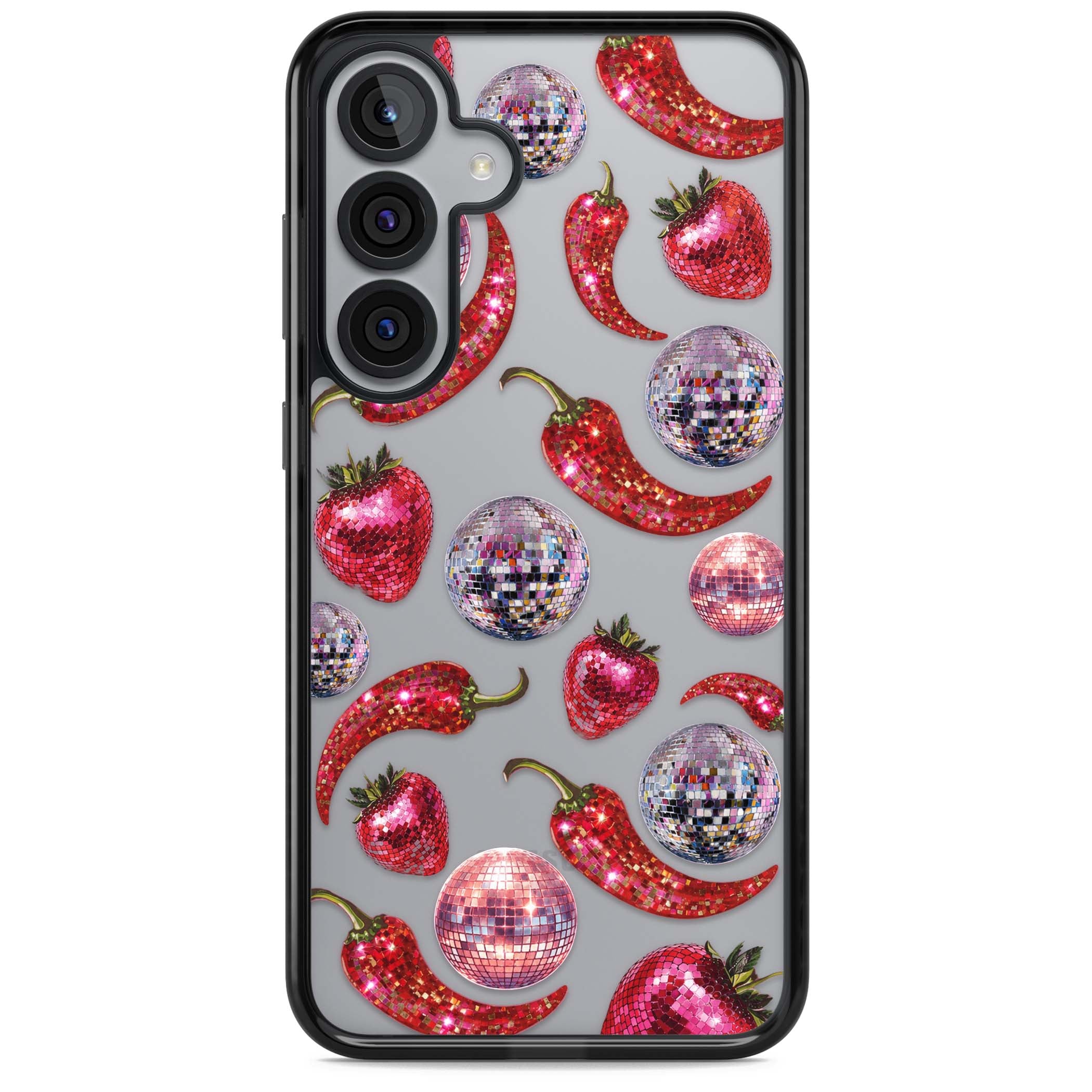 Spicy Disco Y2K iPhone case featuring glitter disco balls, sparkly strawberries and red chilli peppers | Black Impact case for Samsung Galaxy S25, Samsung Galaxy S25 Plus
